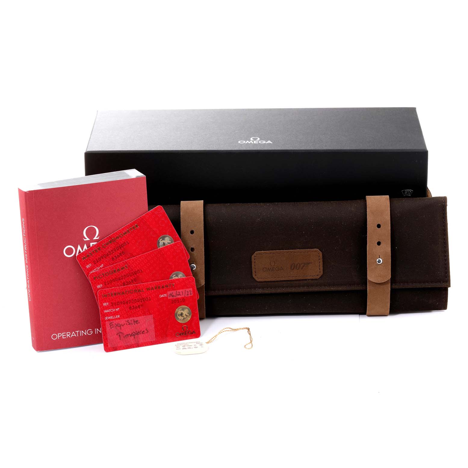 The image shows Omega Seamaster 210.90.42.20.01.001 Men's Titanium Brown Dial 210.90.42.20.01.001 Men's Titanium Brown Dial accessories including a box, cards, manual, and a brown carrying case.