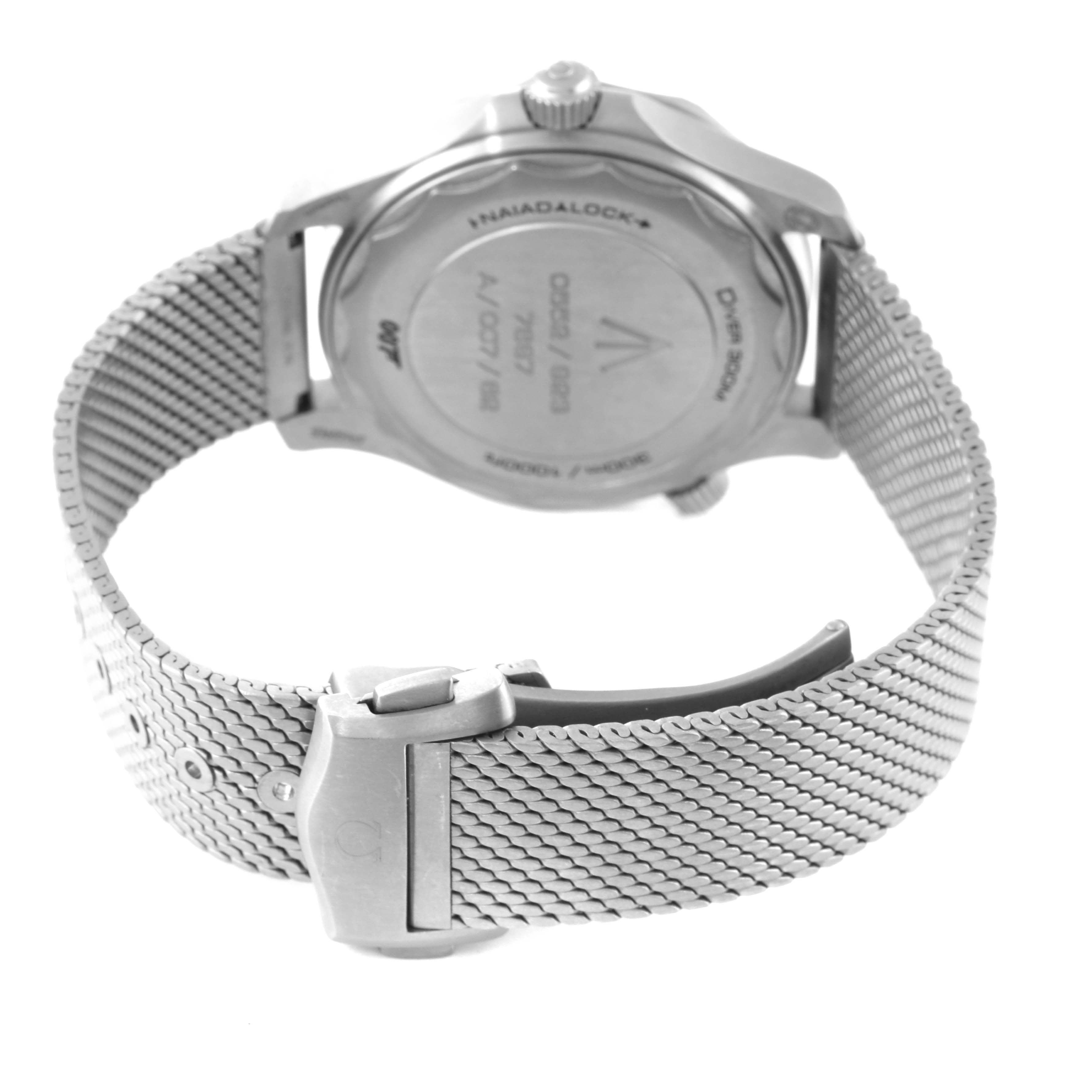 The image shows the back case and stainless steel mesh strap of the Omega Seamaster 210.90.42.20.01.001 Men's Titanium Brown Dial 210.90.42.20.01.001 Men's Titanium Brown Dial watch at an angle that emphasizes the clasp and back engravings.