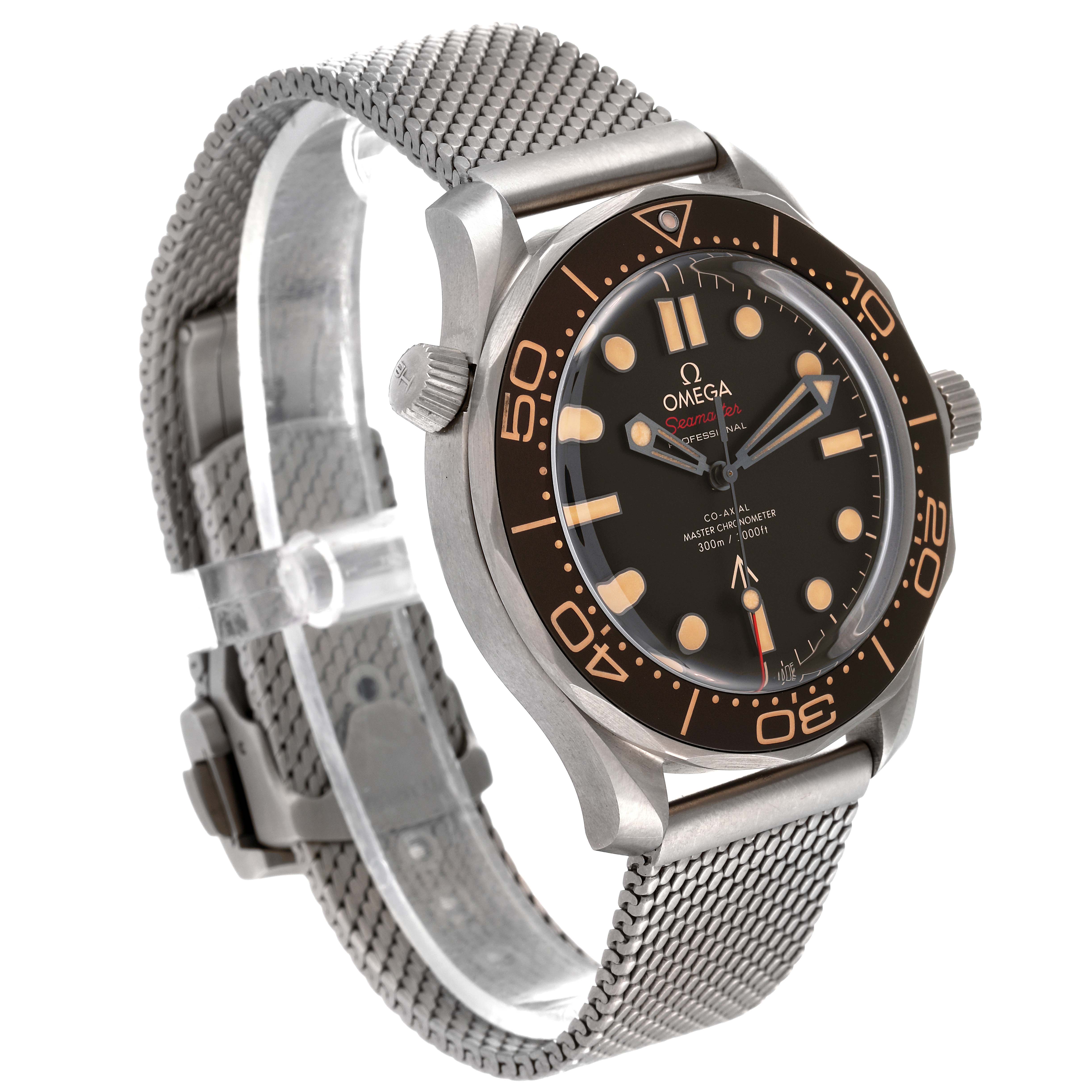 The Omega Seamaster 210.90.42.20.01.001 Men's Titanium Brown Dial 210.90.42.20.01.001 Men's Titanium Brown Dial watch is shown at an angled side view, featuring the dial, bezel, and mesh strap.