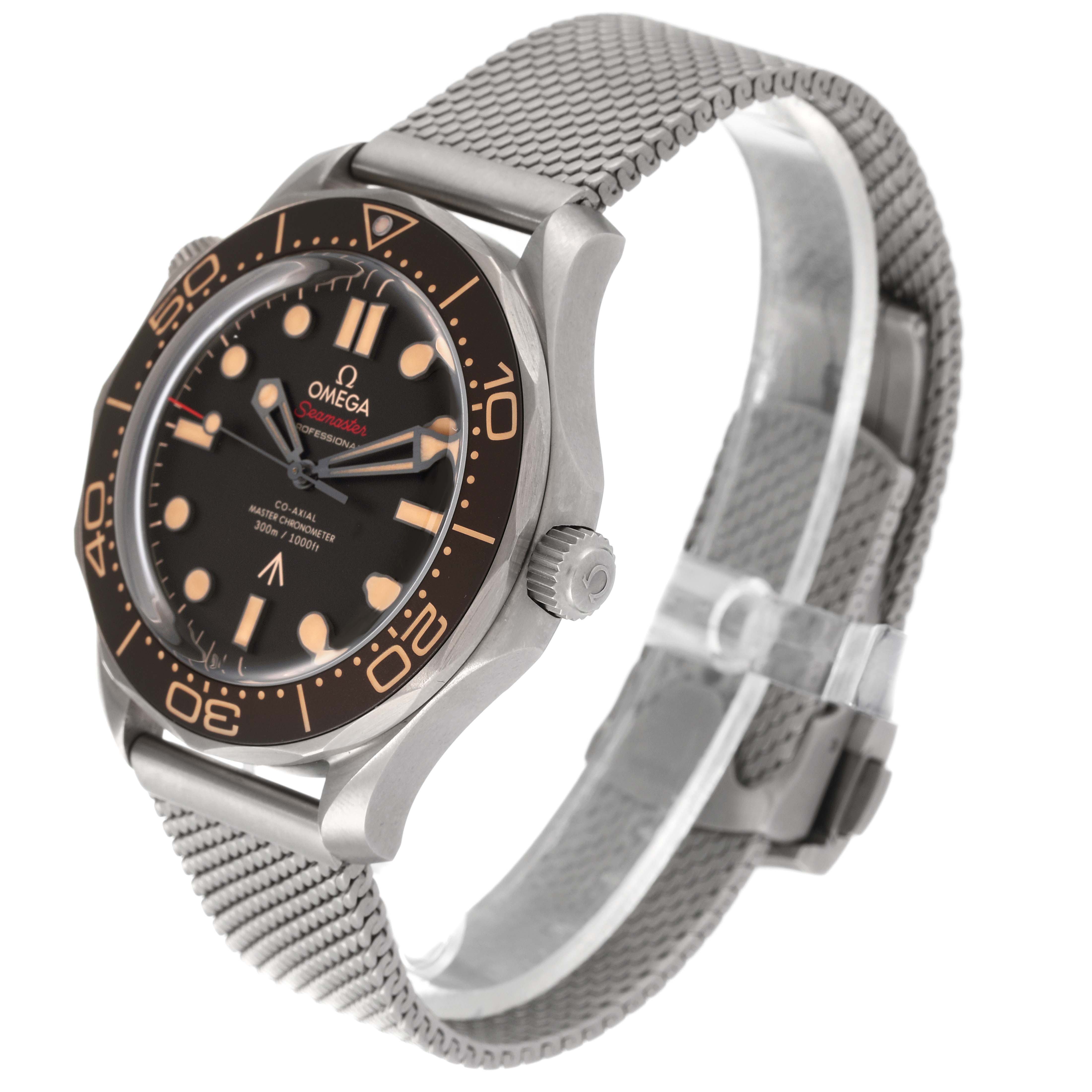 The image shows an angled view of the Omega Seamaster 210.90.42.20.01.001 Men's Titanium Brown Dial 210.90.42.20.01.001 Men's Titanium Brown Dial watch, highlighting the face, bezel, crown, and stainless steel strap.