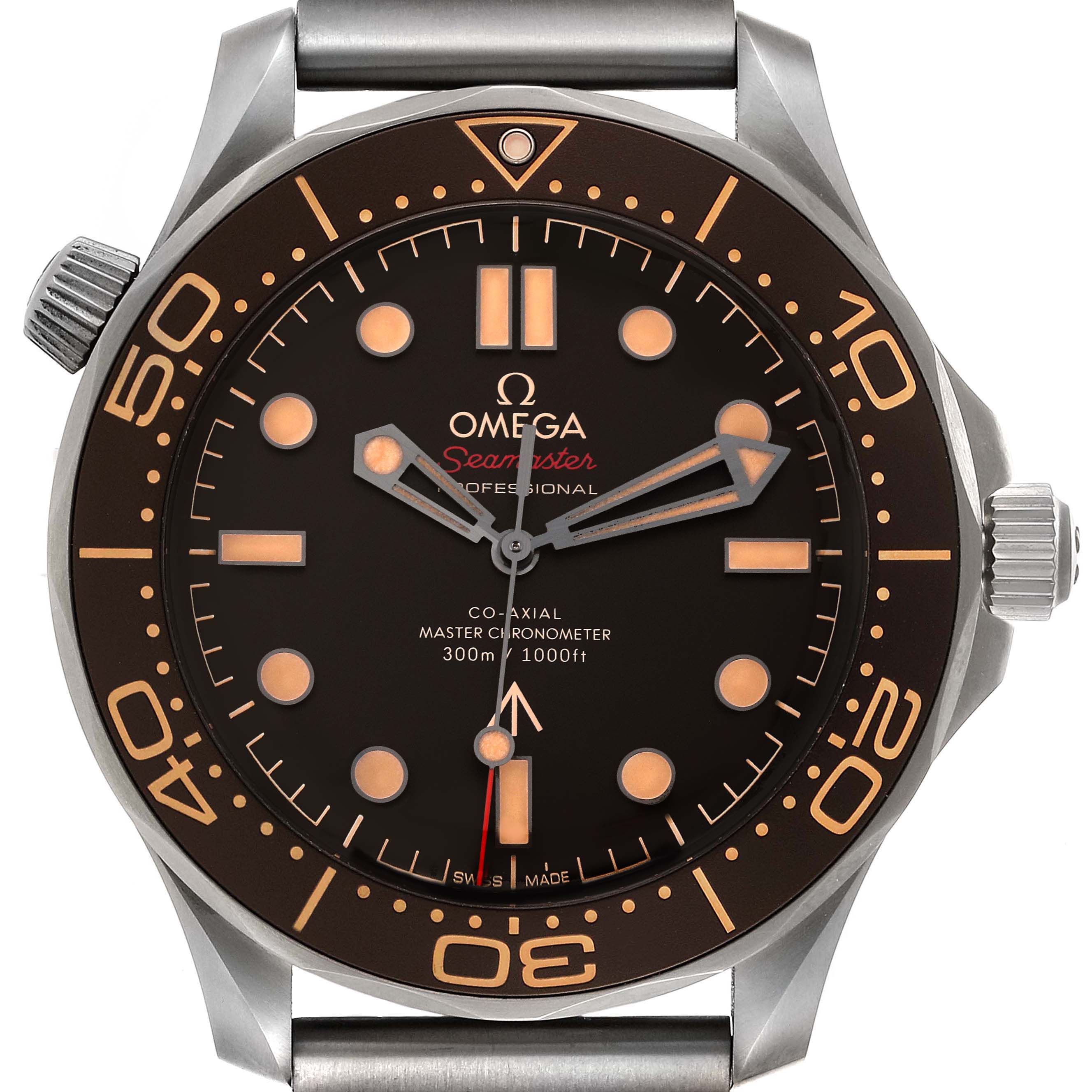 This is a front view of the Omega Seamaster 210.90.42.20.01.001 Men's Titanium Brown Dial 210.90.42.20.01.001 Men's Titanium Brown Dial watch, showing the dial, bezel, and partial bracelet.