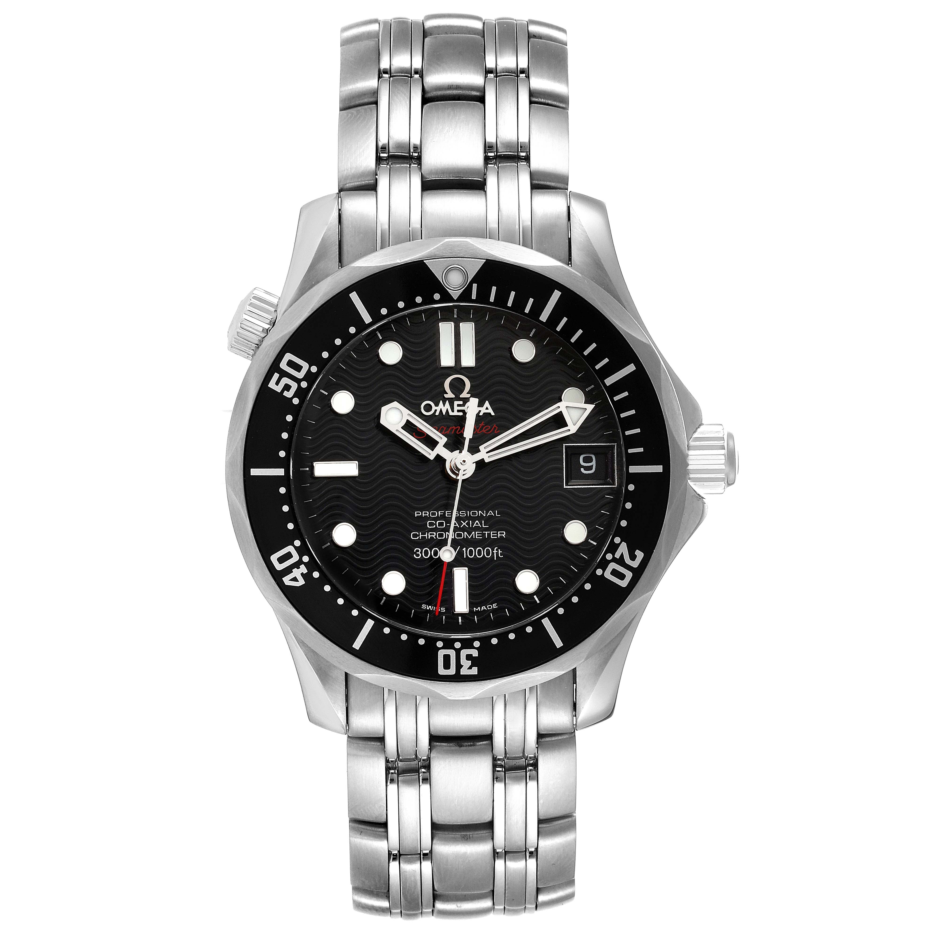 The image shows a front view of the Omega Seamaster 212.30.36.20.01.001 Men's Stainless Steel Black Dial 212.30.36.20.01.001 Men's Stainless Steel Black Dial watch, displaying its face, bezel, crown, and metal bracelet.