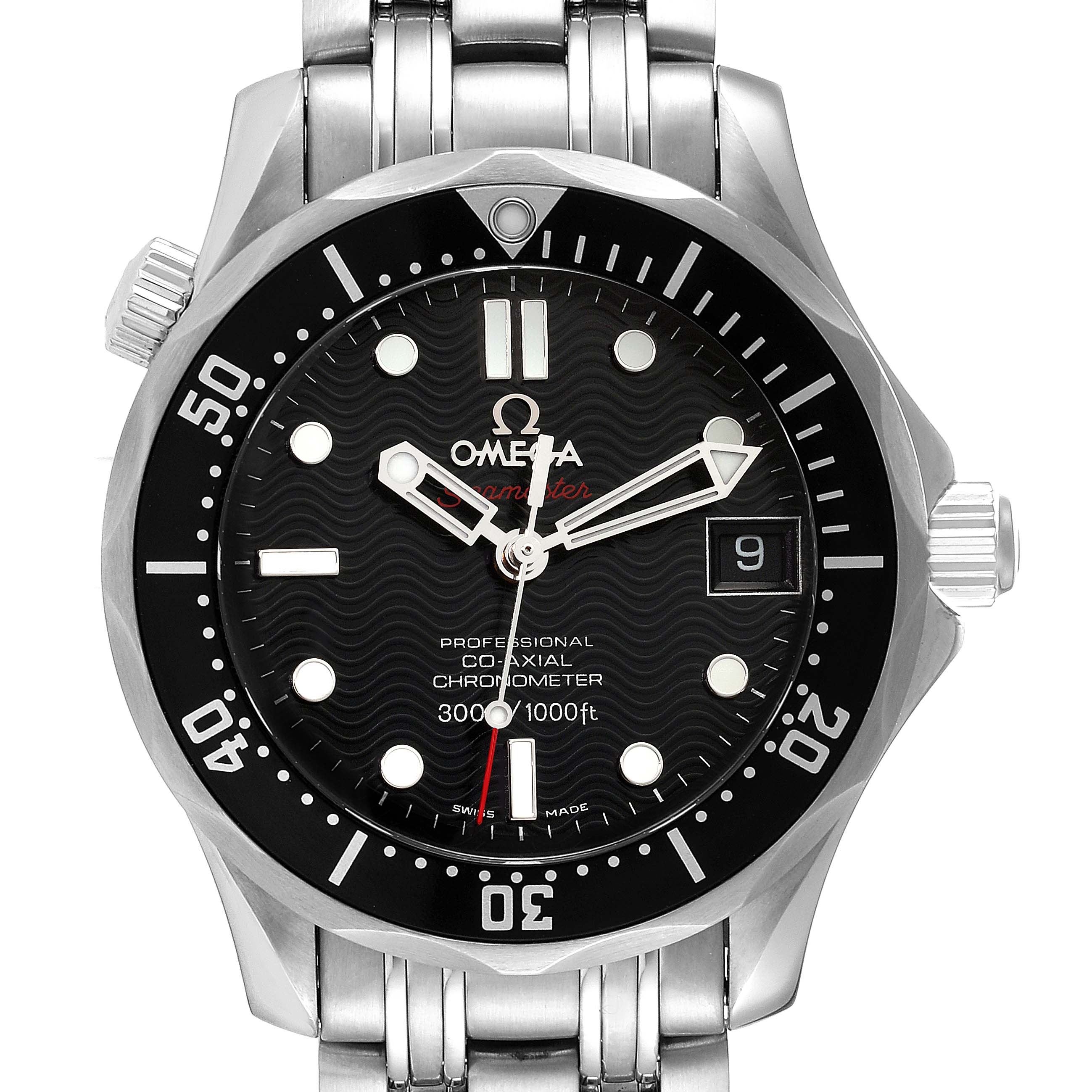 The image shows a front view of the Omega Seamaster 212.30.36.20.01.001 Men's Stainless Steel Black Dial 212.30.36.20.01.001 Men's Stainless Steel Black Dial watch, highlighting its black dial, bezel, and stainless steel bracelet.