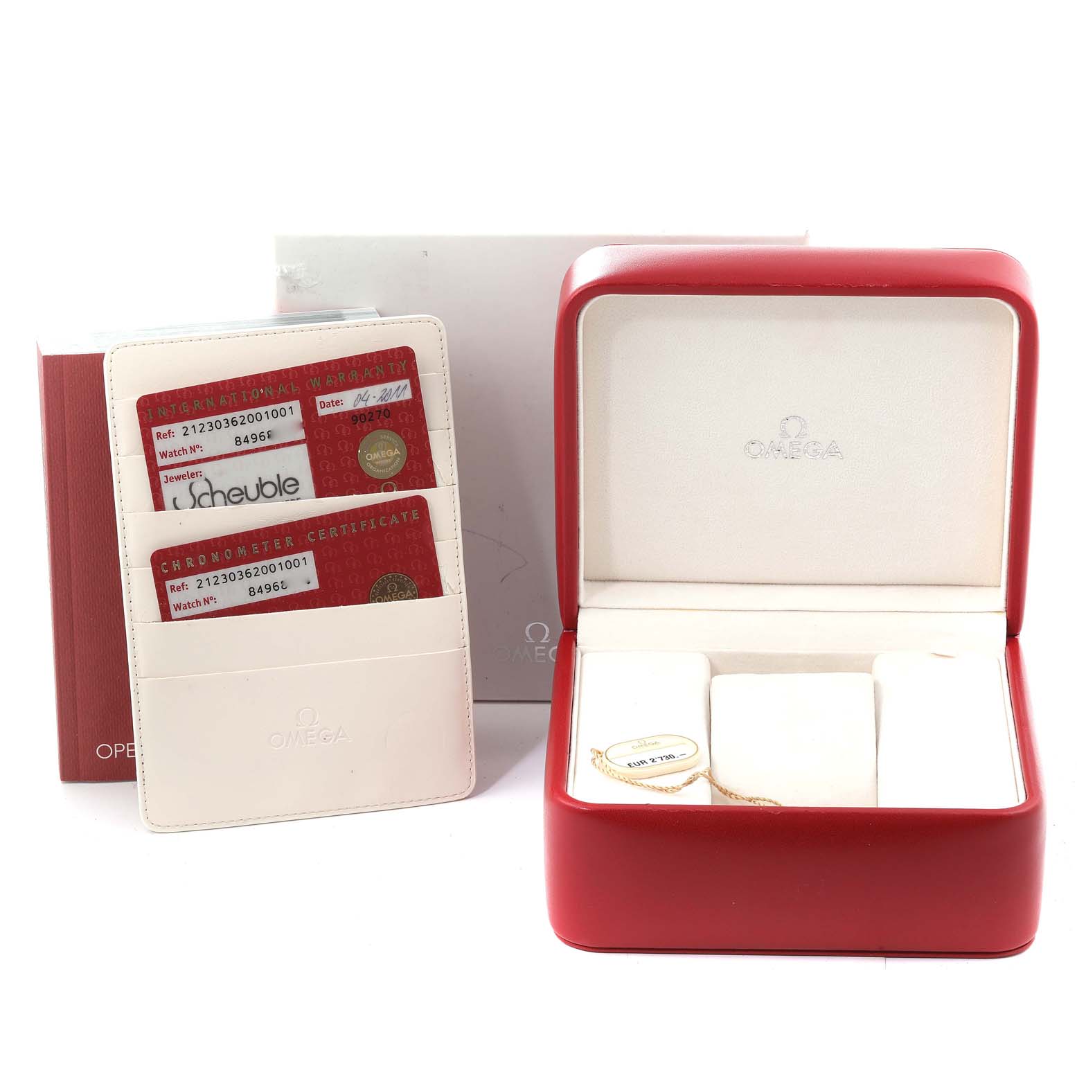 This image shows the Omega Seamaster 212.30.36.20.01.001 Men's Stainless Steel Black Dial 212.30.36.20.01.001 Men's Stainless Steel Black Dial watch's red case, warranty cards, and the original packaging.