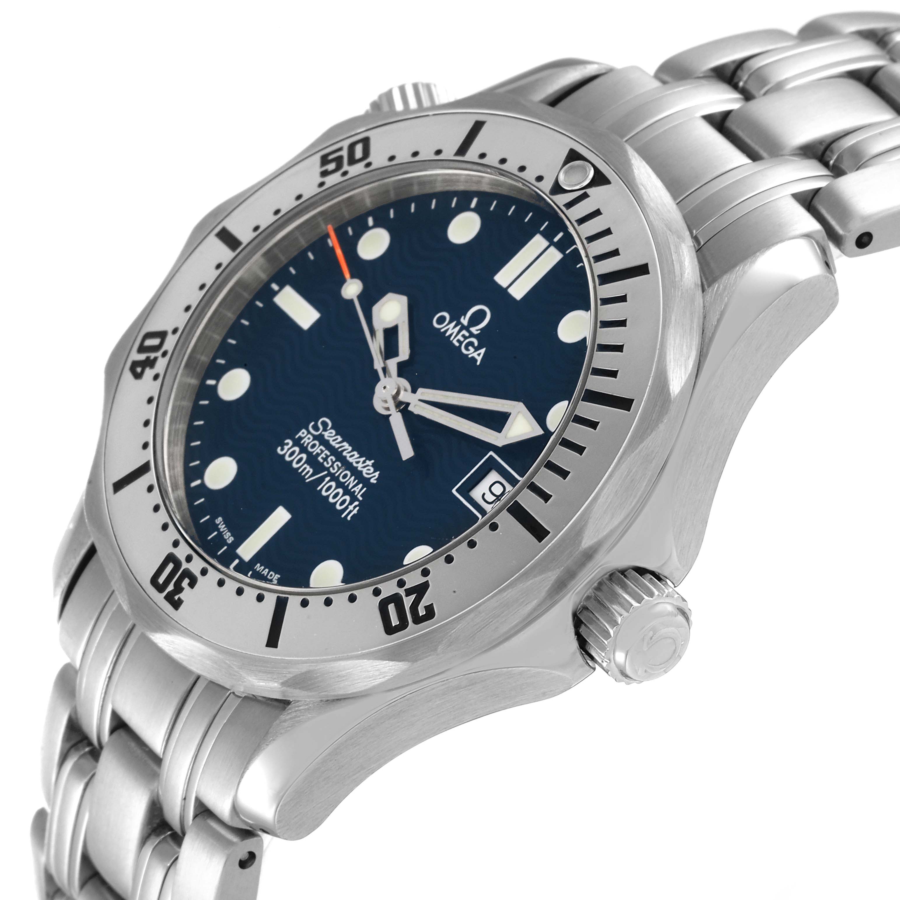 This image shows an Omega Seamaster 2562.80.00 Men's Stainless Steel Blue Dial 2562.80.00 Men's Stainless Steel Blue Dial watch displayed at an angled side view, highlighting the bezel, dial, crown, and part of the bracelet.
