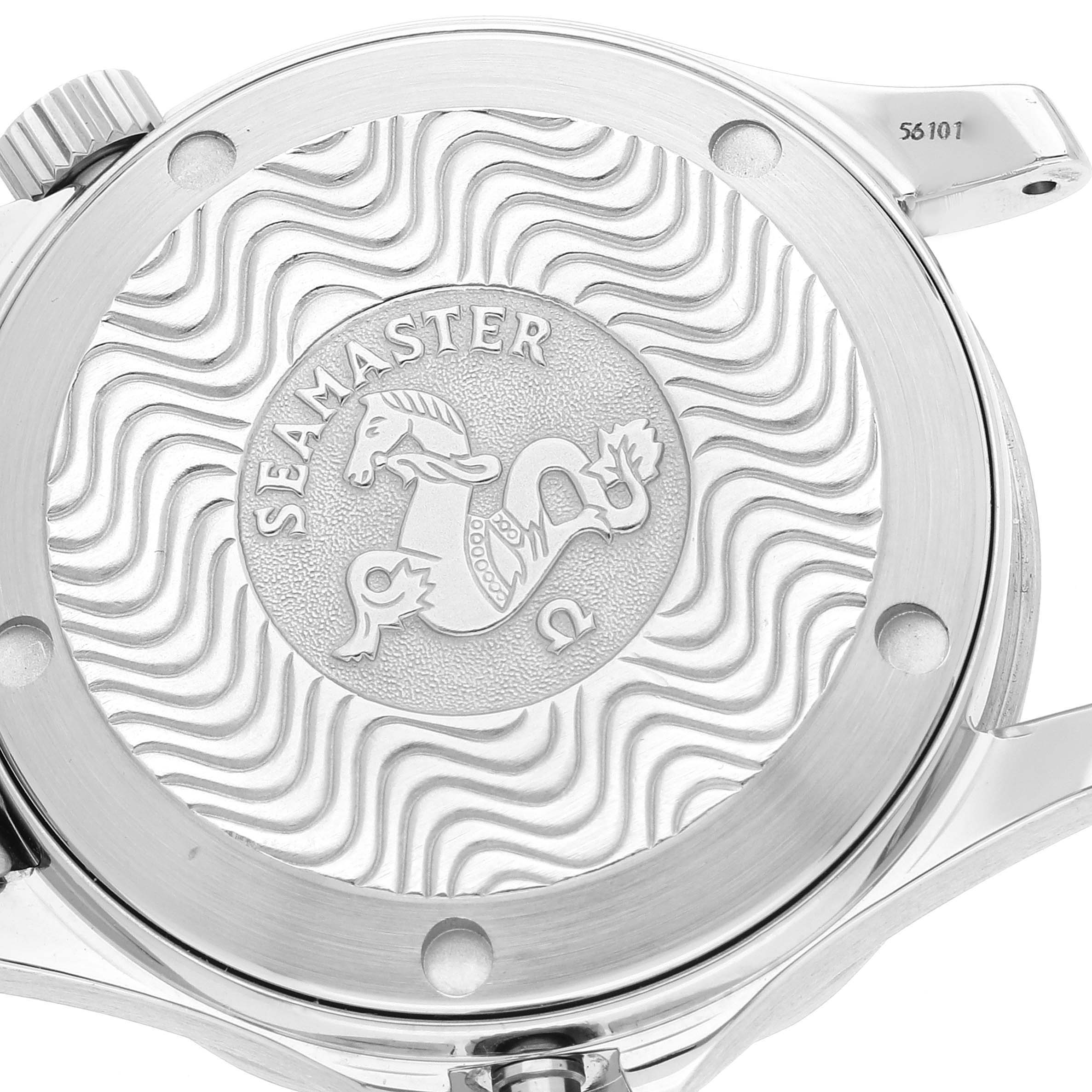 The image shows the detailed back case of an Omega Seamaster 2562.80.00 Men's Stainless Steel Blue Dial 2562.80.00 Men's Stainless Steel Blue Dial watch, featuring its engraved logo and wave pattern.