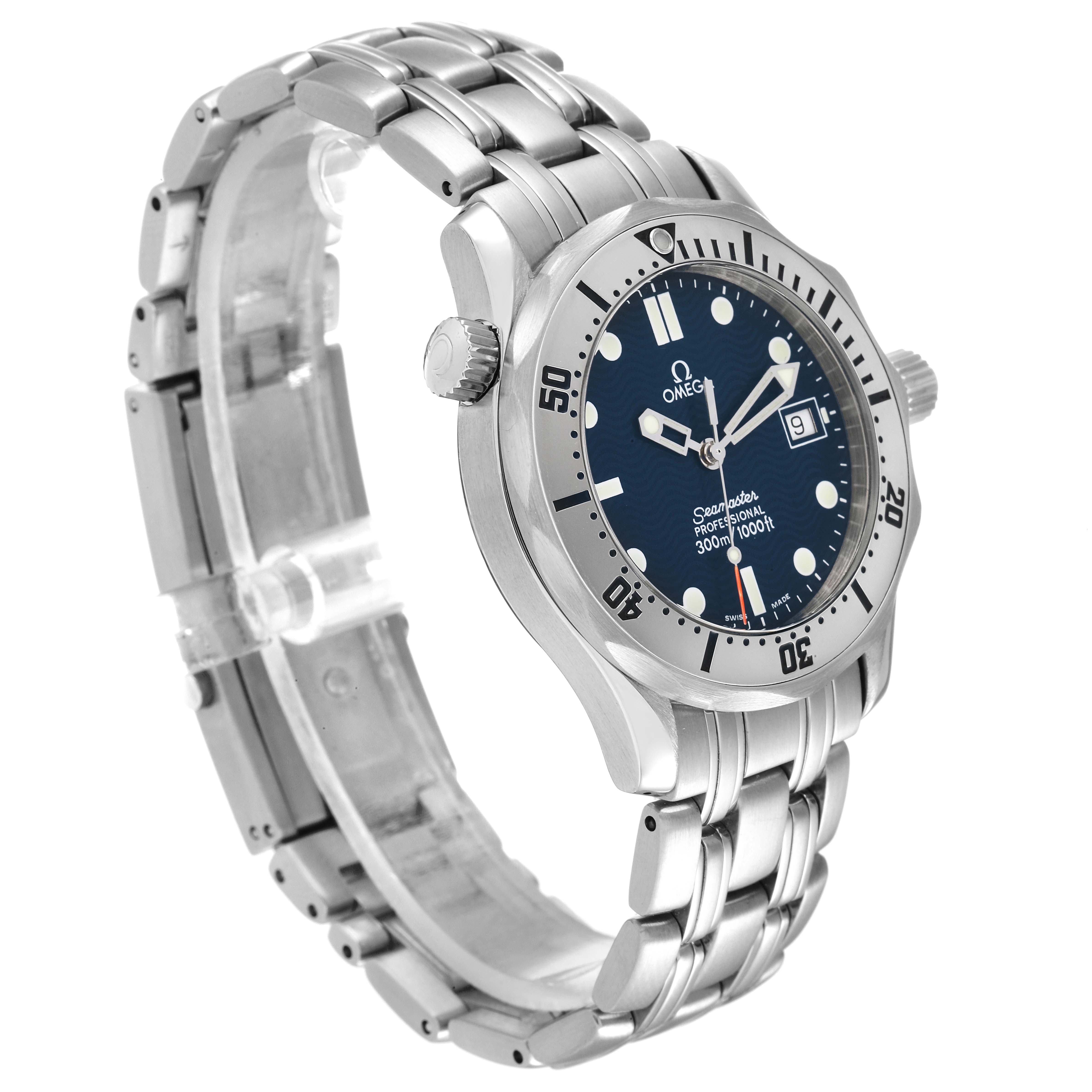The image shows an angled view of the Omega Seamaster 2562.80.00 Men's Stainless Steel Blue Dial 2562.80.00 Men's Stainless Steel Blue Dial watch, highlighting its face, bezel, crown, and metal bracelet.