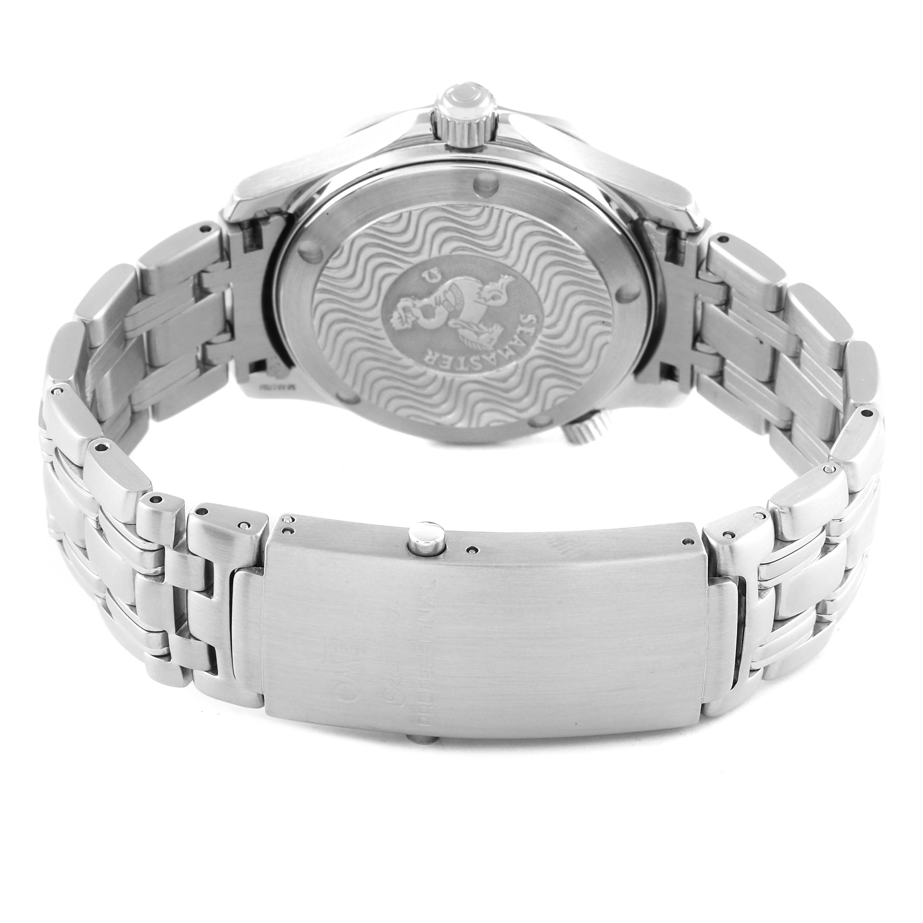 This image shows the back view of the Omega Seamaster 2562.80.00 Men's Stainless Steel Blue Dial 2562.80.00 Men's Stainless Steel Blue Dial watch, highlighting its case back, crown, and stainless steel bracelet.