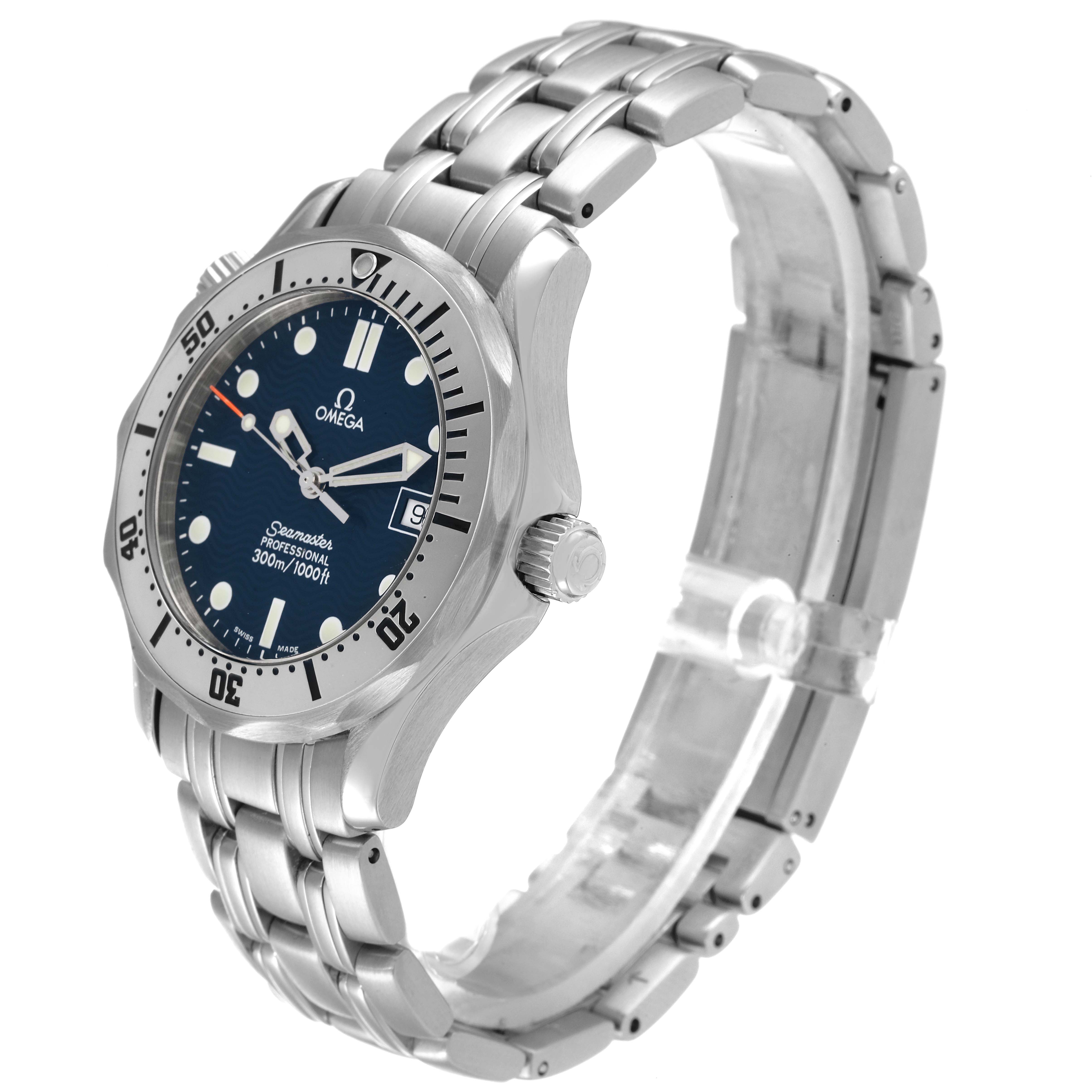 The Omega Seamaster 2562.80.00 Men's Stainless Steel Blue Dial 2562.80.00 Men's Stainless Steel Blue Dial watch is shown from a front-side angle, displaying the face, bezel, crown, and metal bracelet.