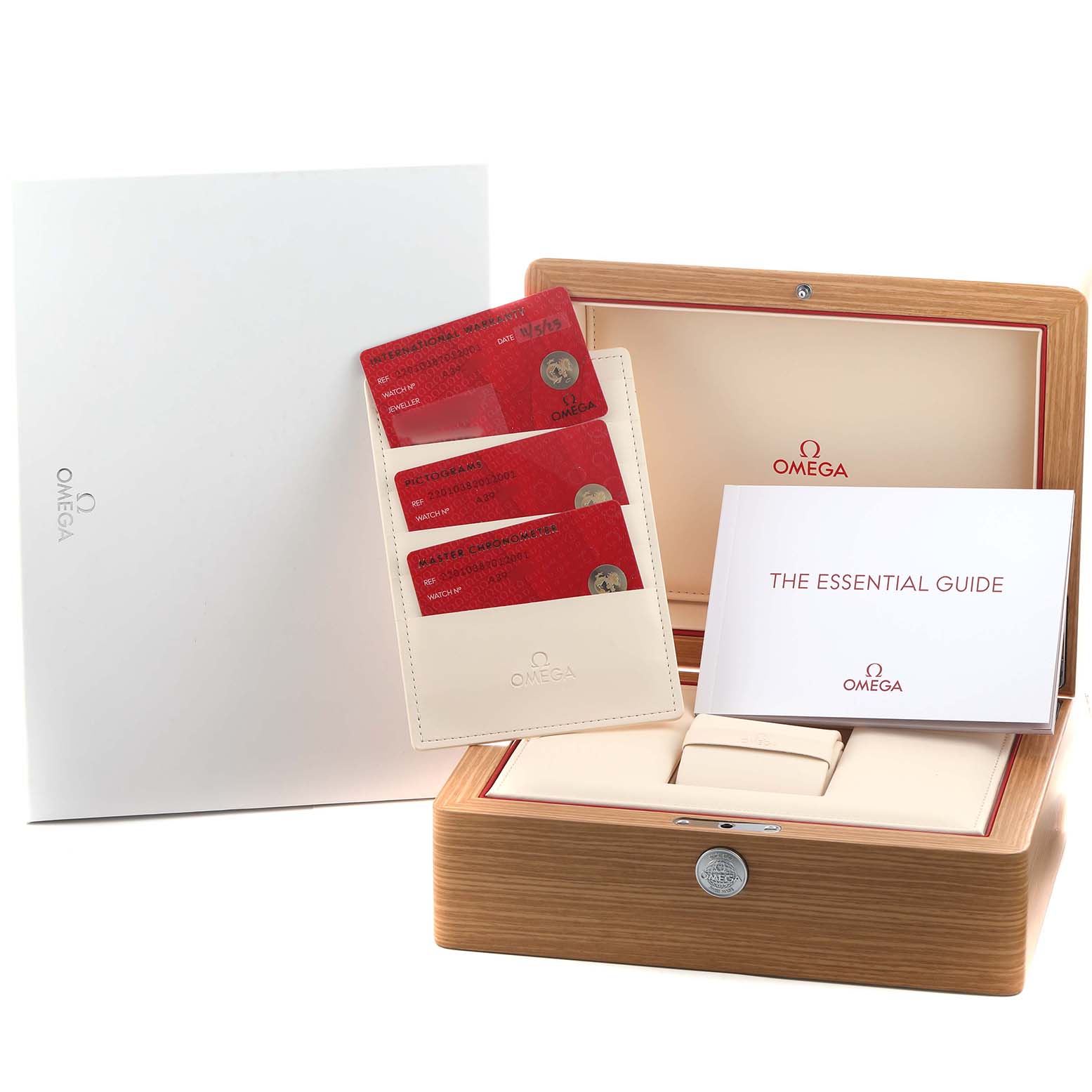 The image shows the Omega Aqua Terra 220.10.38.20.12.001 Men's Stainless Steel Orange Dial packaging, including a wooden box, instruction manual, and warranty cards.