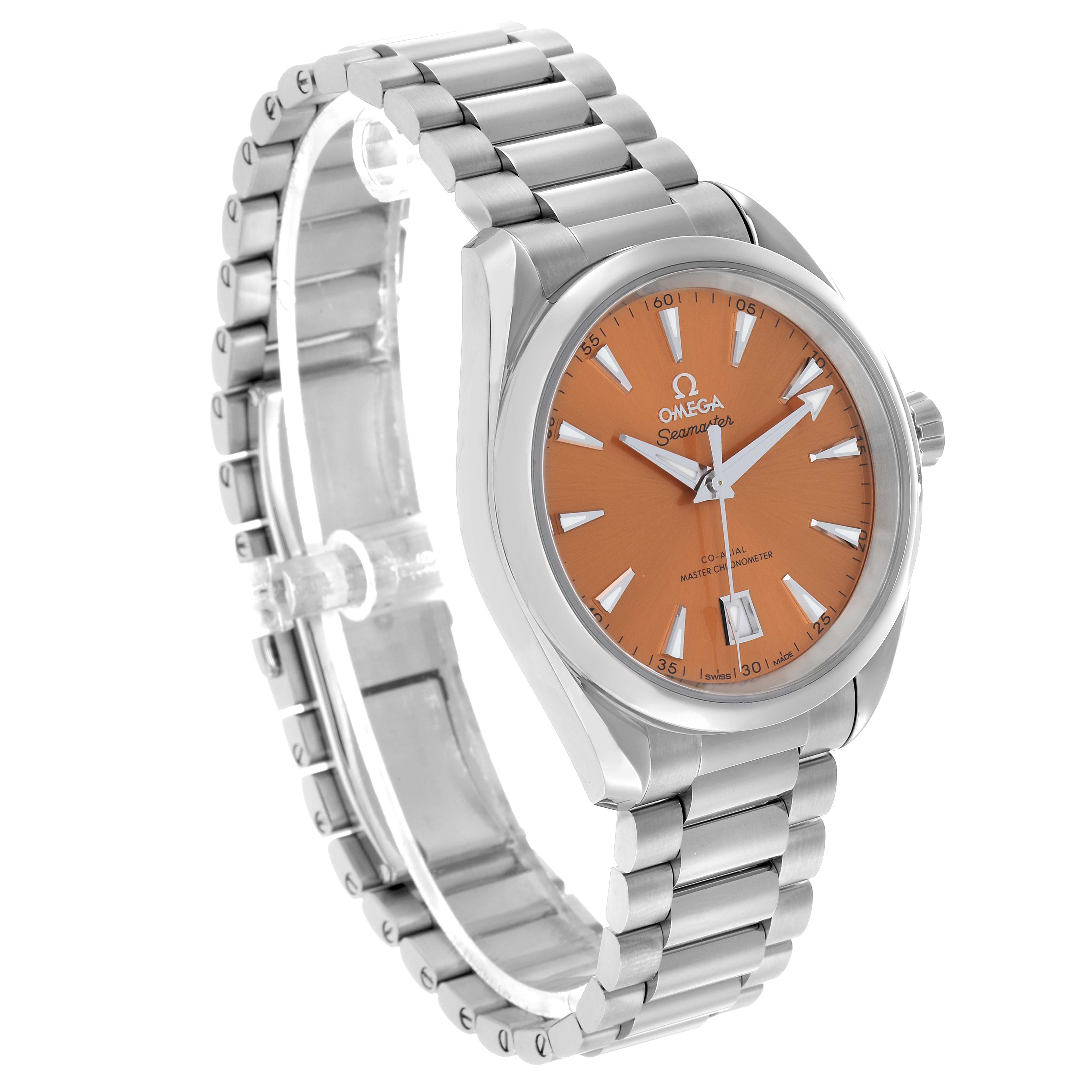 The Omega Aqua Terra 220.10.38.20.12.001 Men's Stainless Steel Orange Dial watch is shown at a three-quarter angle, highlighting its orange dial and metal bracelet.