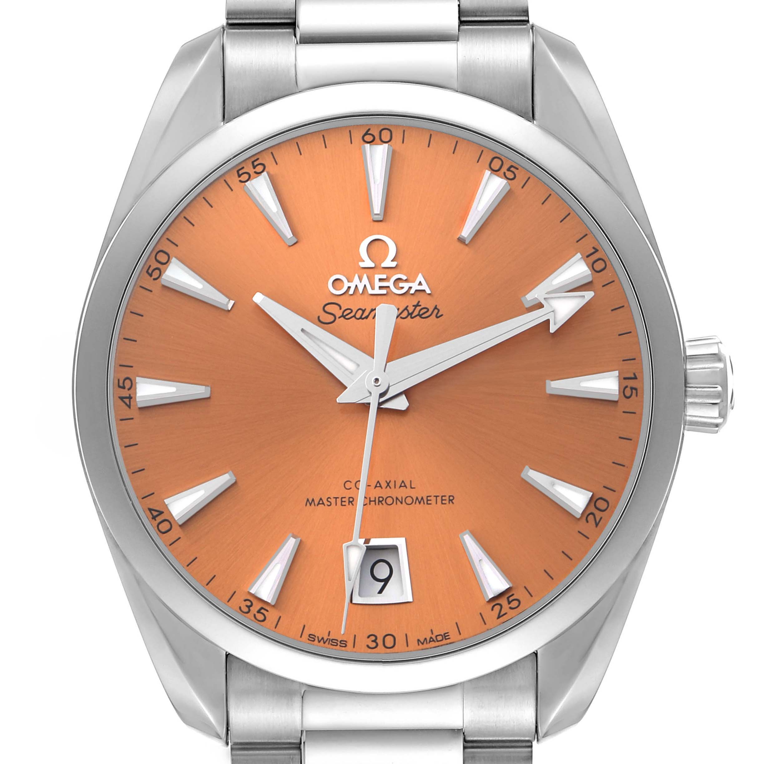 The Omega Aqua Terra 220.10.38.20.12.001 Men's Stainless Steel Orange Dial watch is shown from the front, displaying its orange dial, indices, hands, date window, and part of the bracelet.