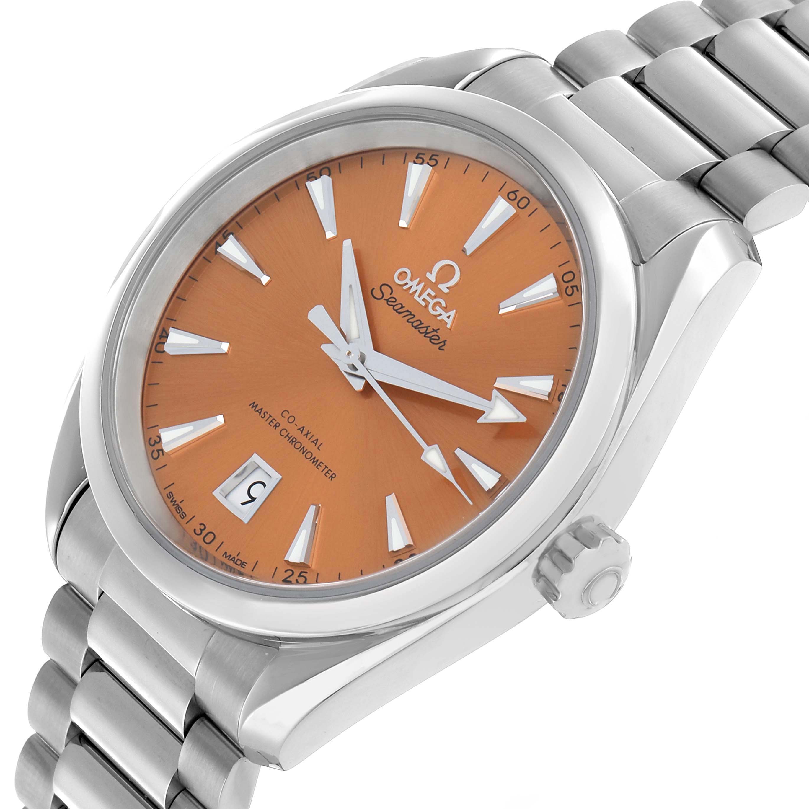 The Omega Aqua Terra 220.10.38.20.12.001 Men's Stainless Steel Orange Dial watch is shown at an angled view, displaying the orange dial, hands, markers, crown, and part of the bracelet.