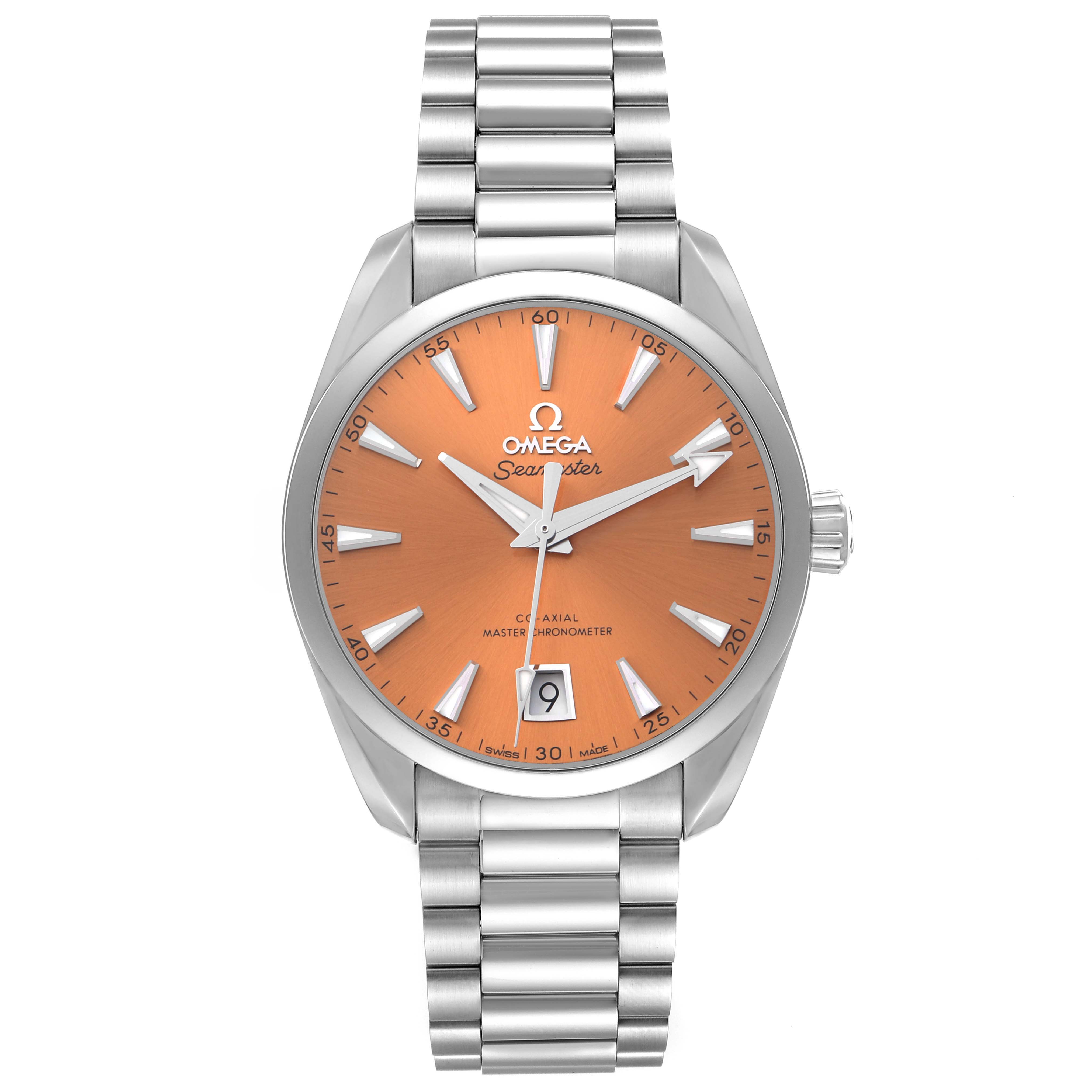 The Omega Aqua Terra 220.10.38.20.12.001 Men's Stainless Steel Orange Dial watch is shown from a front angle, displaying its orange dial, hands, markers, bezel, and bracelet.