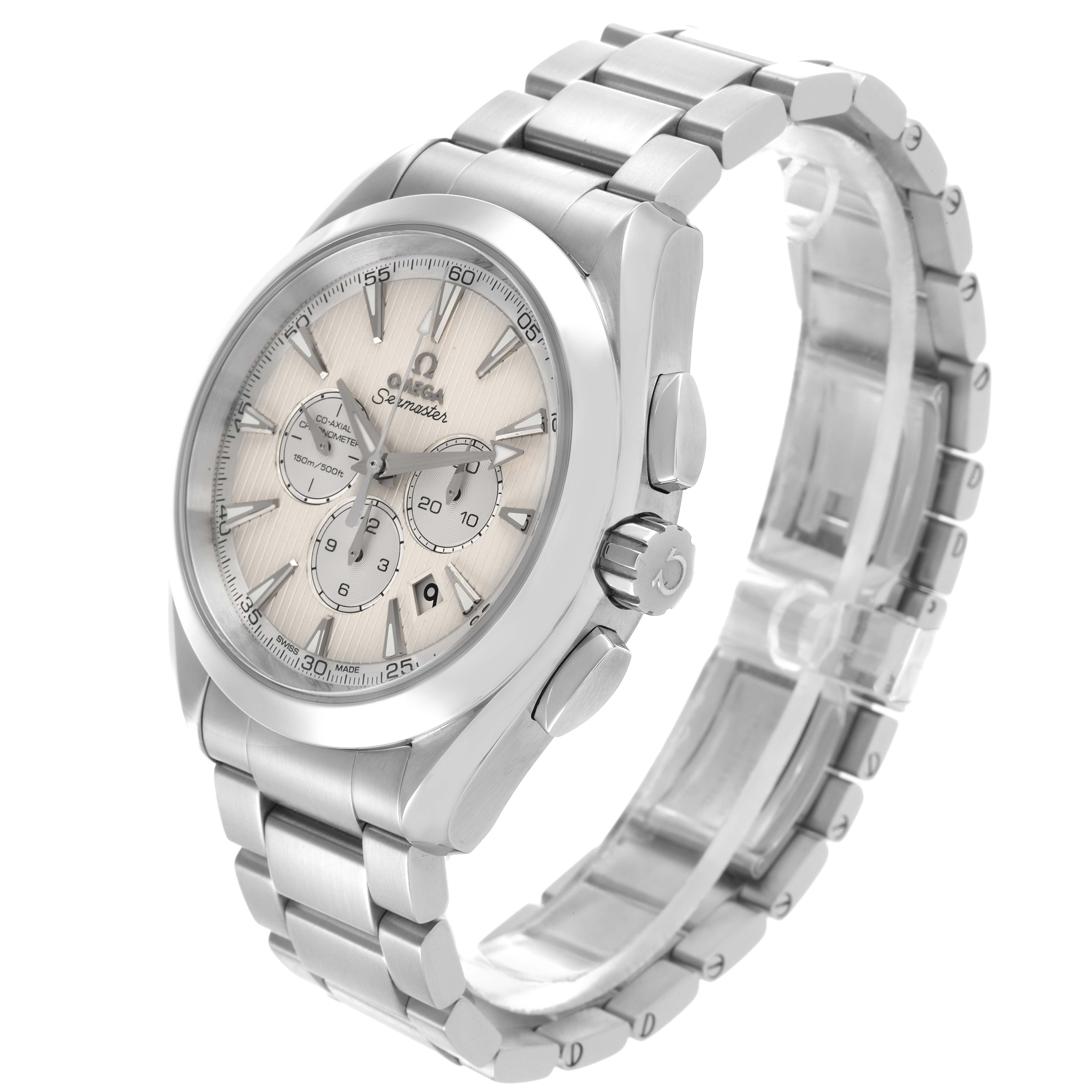 The Omega Aqua Terra 231.10.44.50.09.001 Men's Stainless Steel White Dial 231.10.44.50.09.001 Men's Stainless Steel White Dial watch is shown at a three-quarter angle, displaying the face, bracelet, and side chronograph buttons.