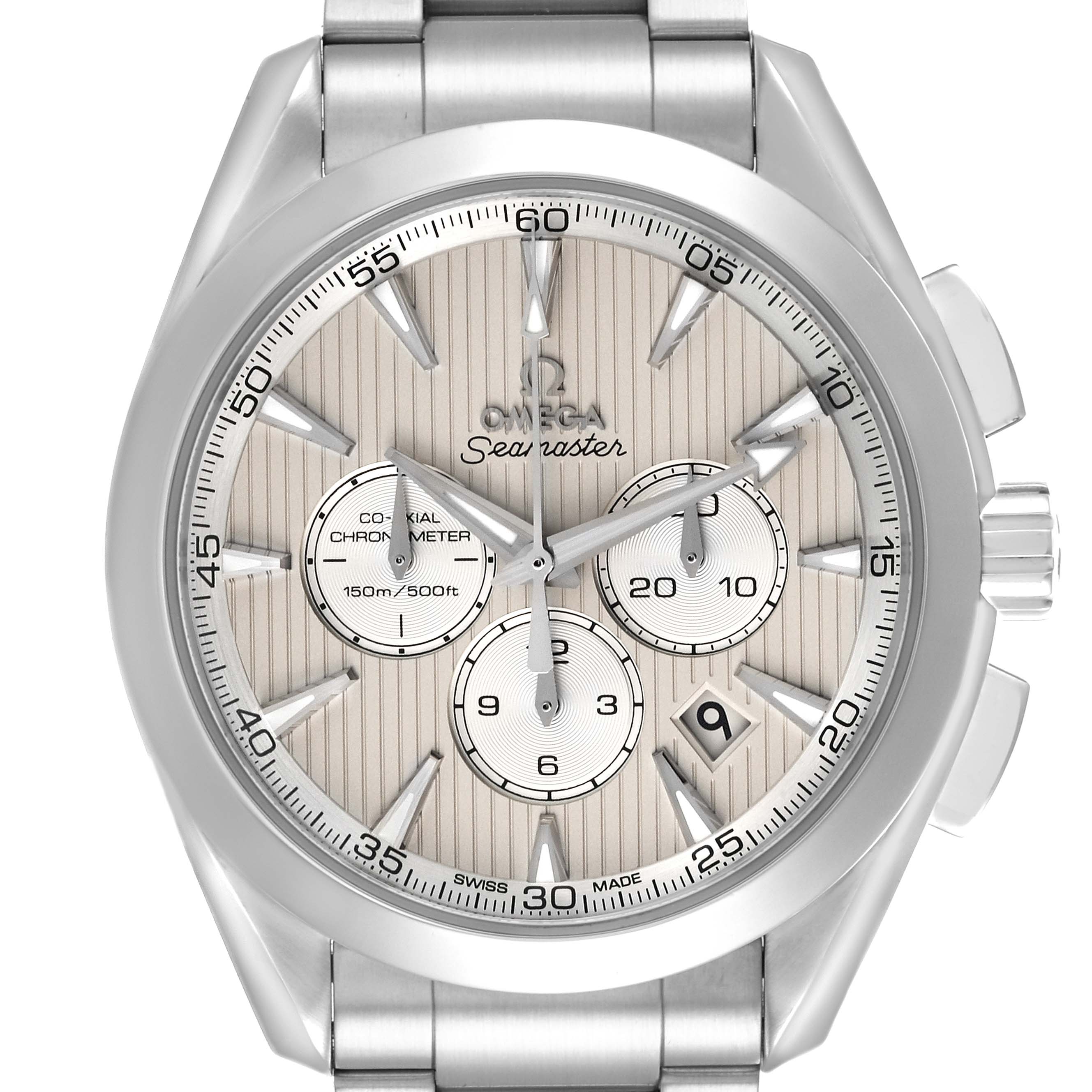 The Omega Aqua Terra 231.10.44.50.09.001 Men's Stainless Steel White Dial 231.10.44.50.09.001 Men's Stainless Steel White Dial watch is shown from a frontal angle, highlighting the dial, bezel, crown, and part of the bracelet.