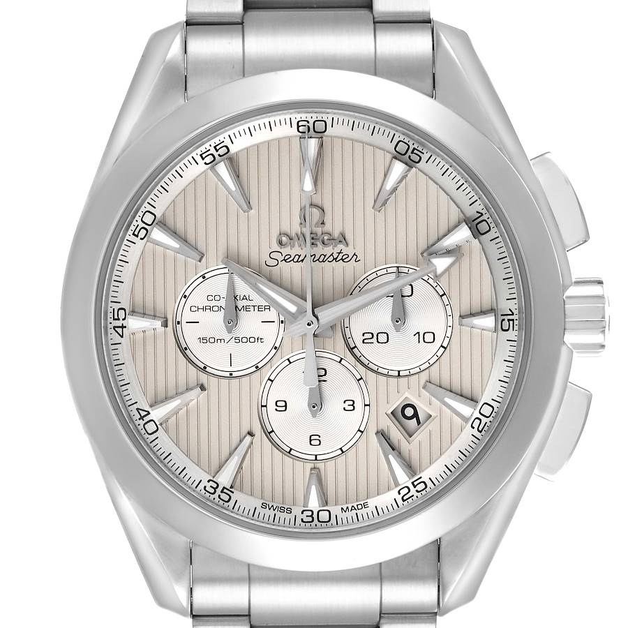 The Omega Aqua Terra watch is shown from a frontal angle, highlighting the dial, bezel, crown, and part of the bracelet.