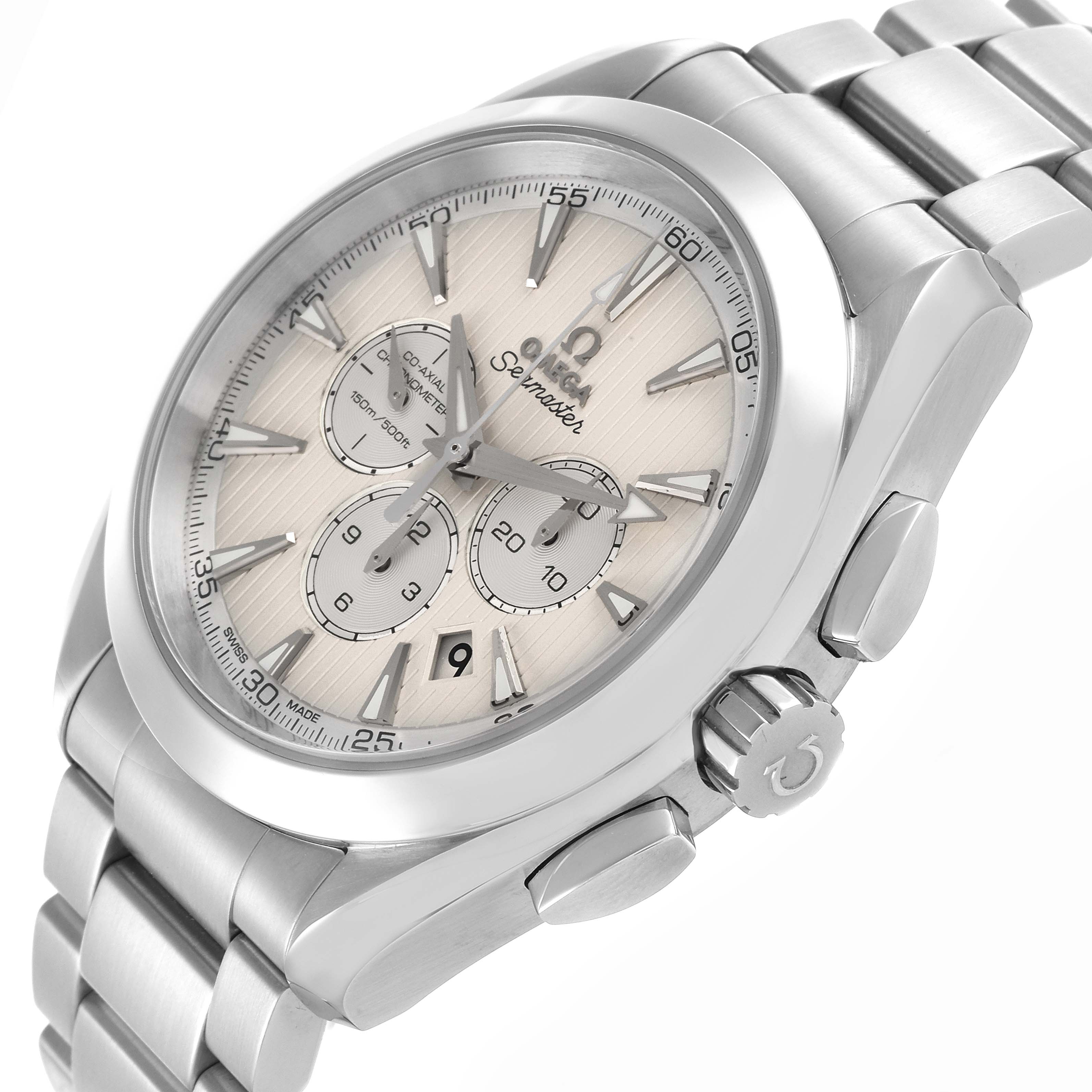 The Omega Aqua Terra 231.10.44.50.09.001 Men's Stainless Steel White Dial 231.10.44.50.09.001 Men's Stainless Steel White Dial watch is shown at a three-quarter angle displaying the face, crown, chronograph pushers, and metal bracelet.