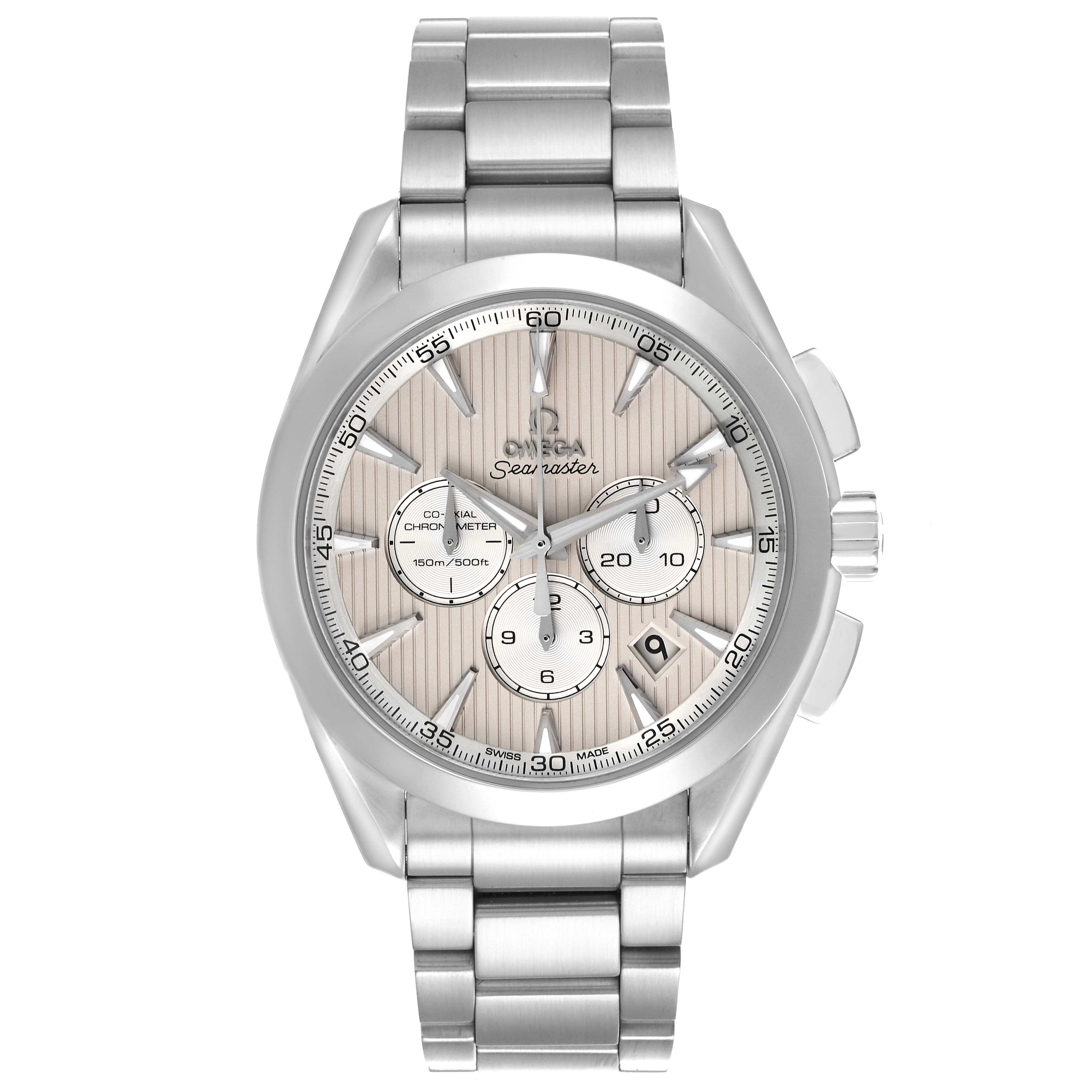 The Omega Aqua Terra 231.10.44.50.09.001 Men's Stainless Steel White Dial 231.10.44.50.09.001 Men's Stainless Steel White Dial watch is shown from the front, displaying the face, case, bracelet, and chronograph subdials.