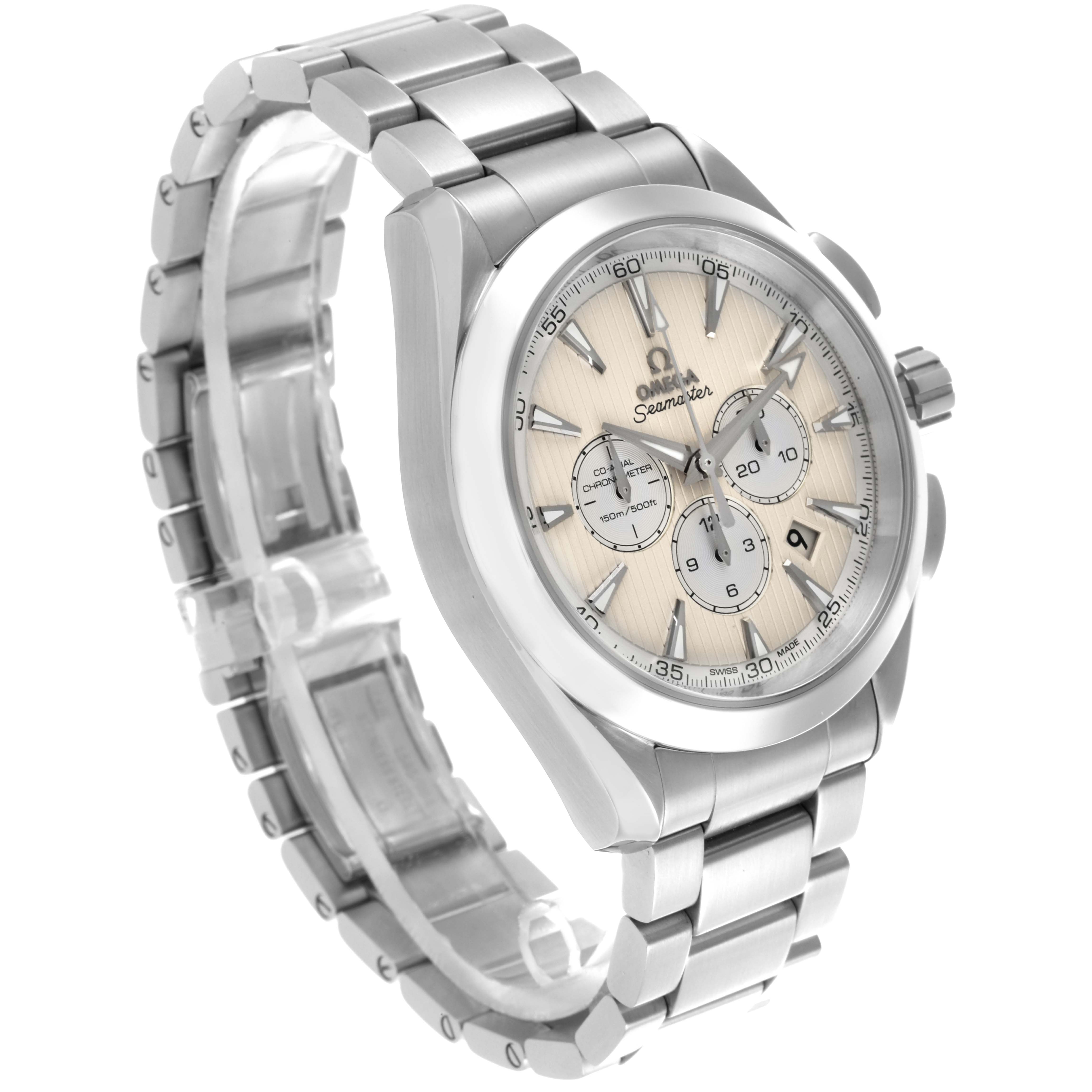 The image shows the Omega Aqua Terra 231.10.44.50.09.001 Men's Stainless Steel White Dial 231.10.44.50.09.001 Men's Stainless Steel White Dial watch at a three-quarter angle, highlighting the dial, case, and bracelet.