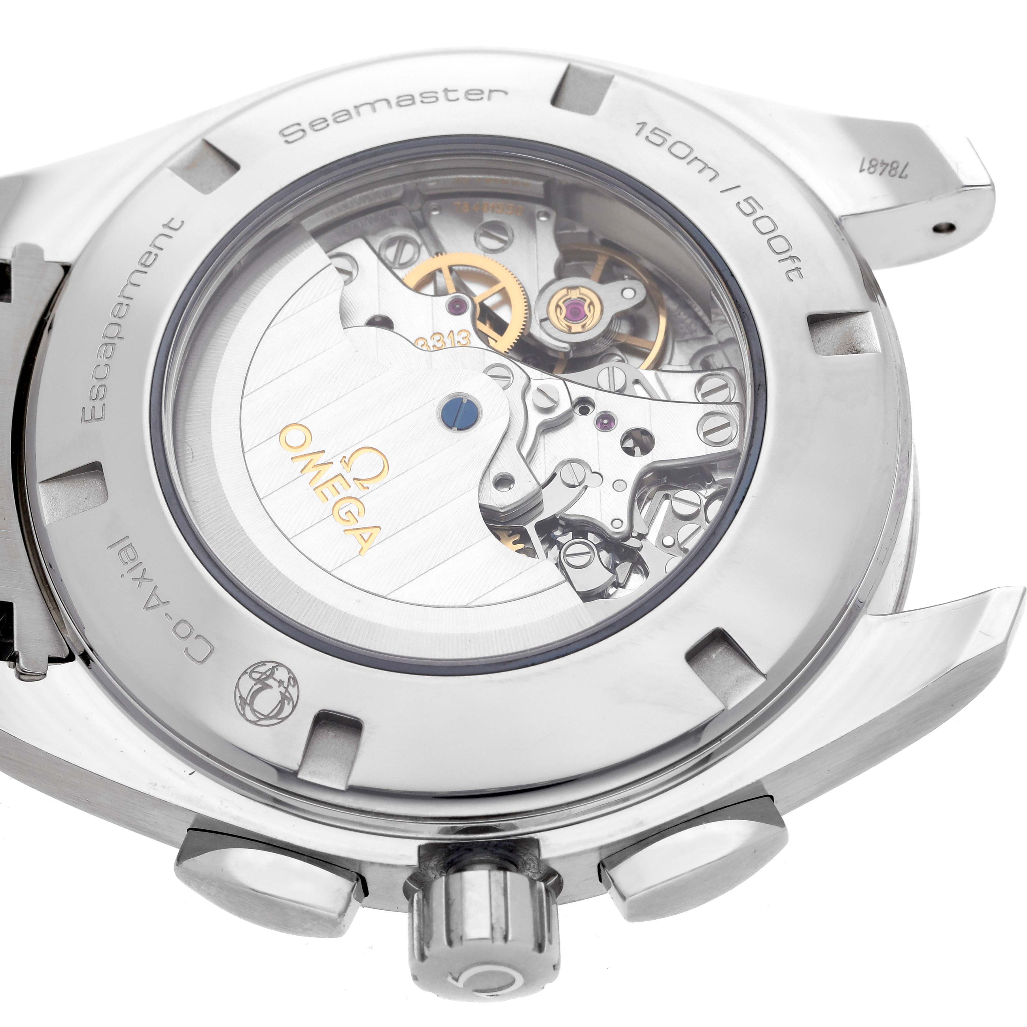 The Omega Aqua Terra 231.10.44.50.09.001 Men's Stainless Steel White Dial 231.10.44.50.09.001 Men's Stainless Steel White Dial is shown from the back, displaying its intricate mechanical movement through a transparent case back.