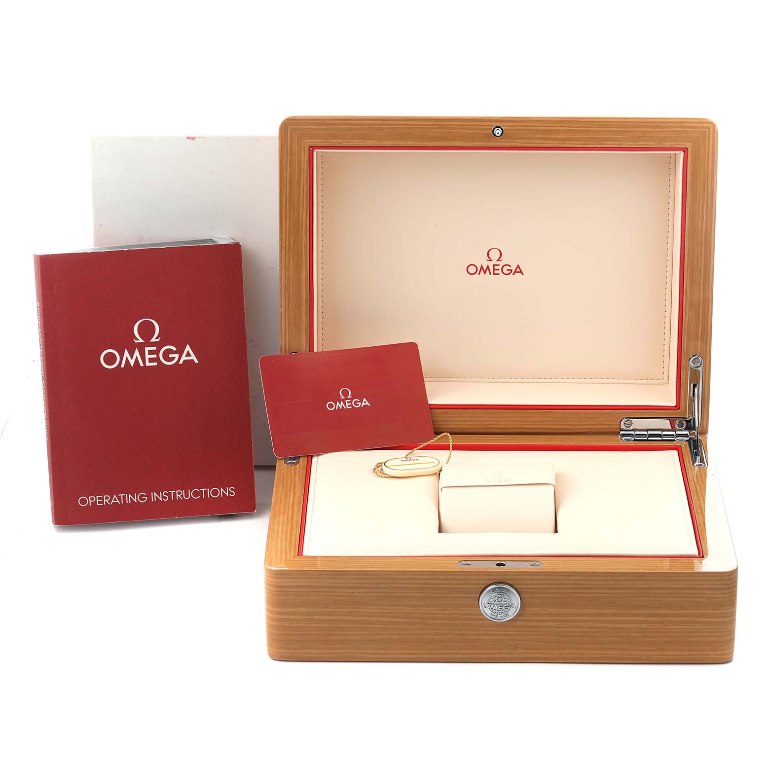 The image shows the packaging and accessories for the Omega Aqua Terra 231.10.44.50.09.001 Men's Stainless Steel White Dial 231.10.44.50.09.001 Men's Stainless Steel White Dial, including a wooden box, instruction booklet, and card.