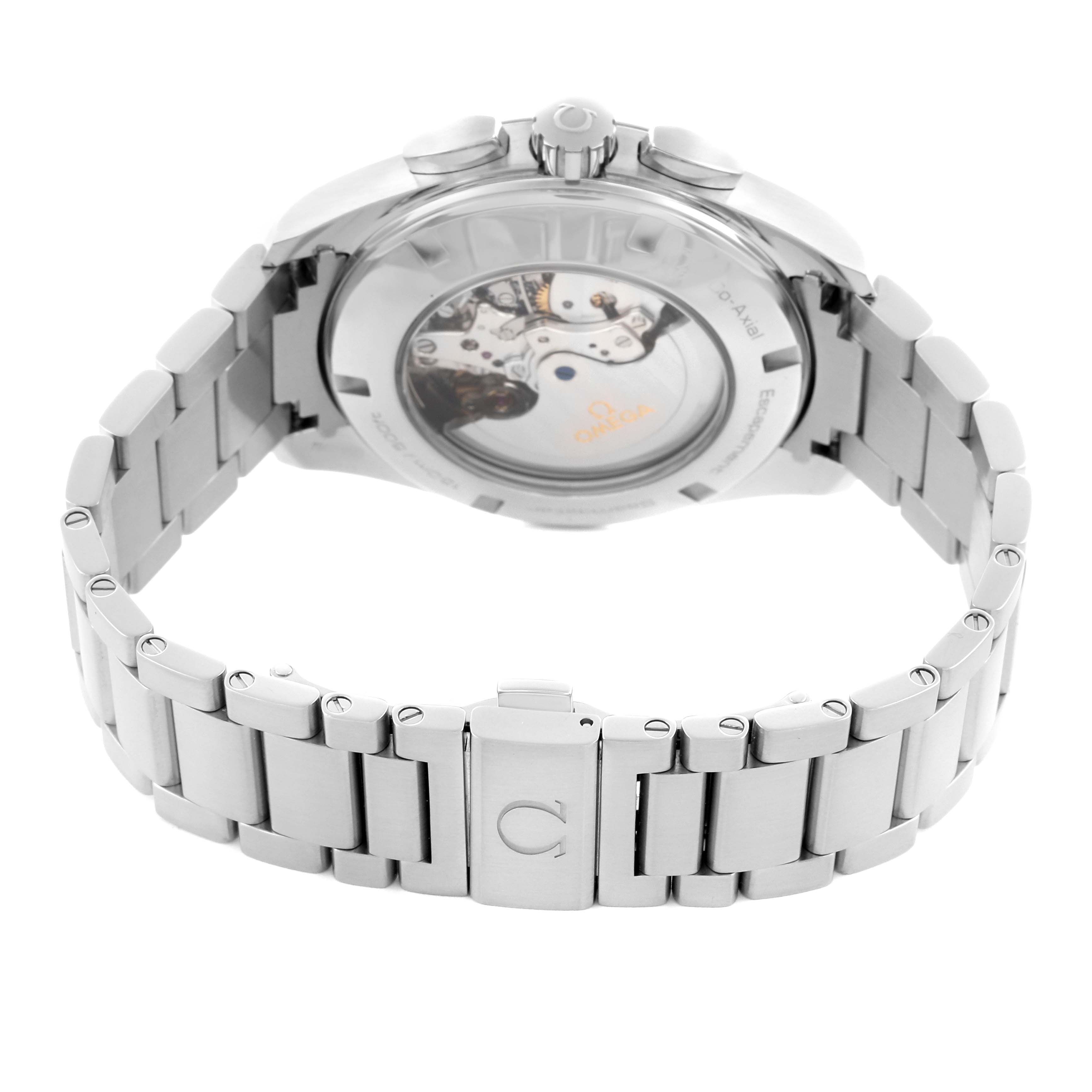 The Omega Aqua Terra 231.10.44.50.09.001 Men's Stainless Steel White Dial 231.10.44.50.09.001 Men's Stainless Steel White Dial watch is shown from the back, highlighting its transparent case back and metal bracelet.