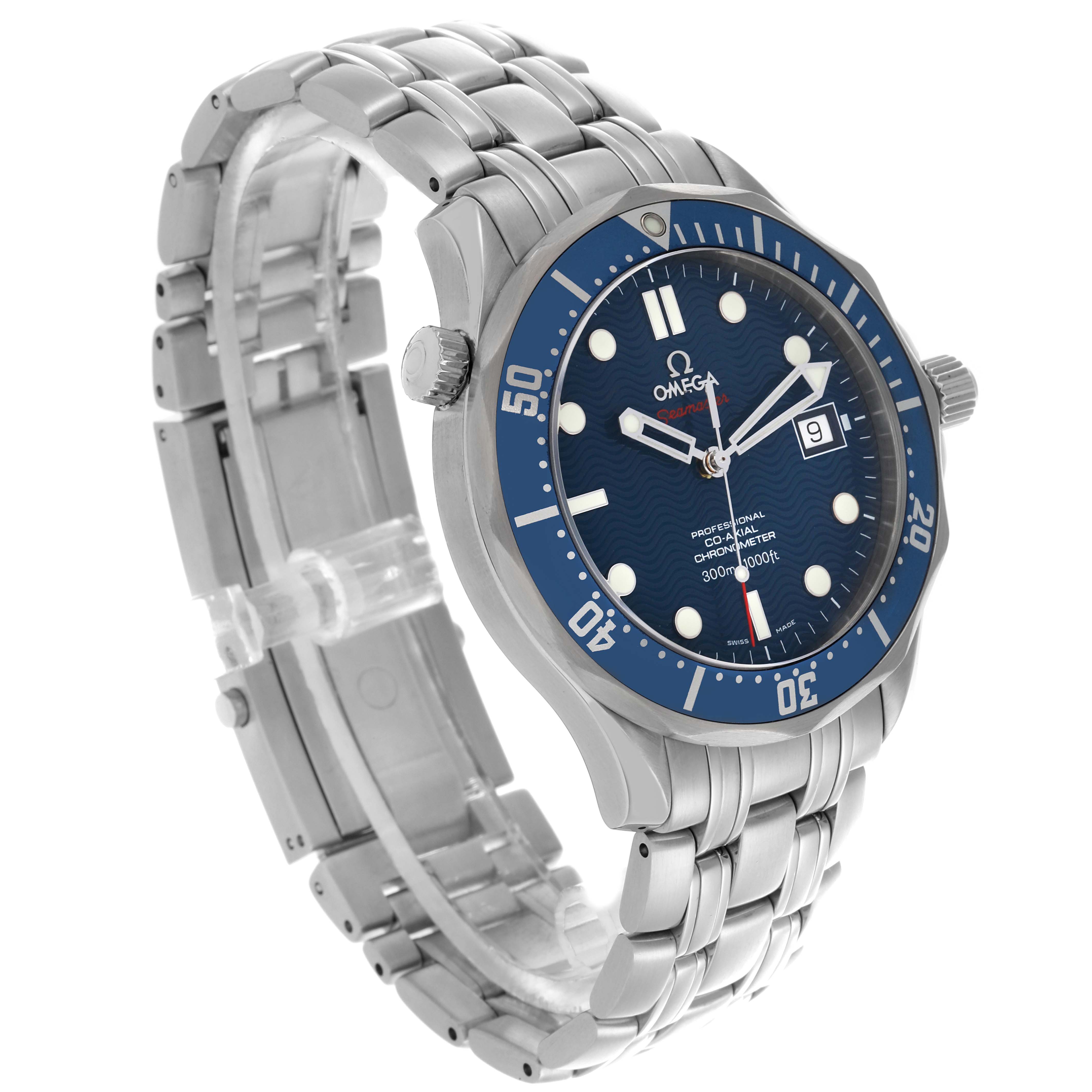 The Omega Seamaster 2220.80.00 Men's Stainless Steel Blue Dial 2220.80.00 Men's Stainless Steel Blue Dial watch is shown at a three-quarter angle, highlighting the blue dial, bezel, crown, and metal bracelet.