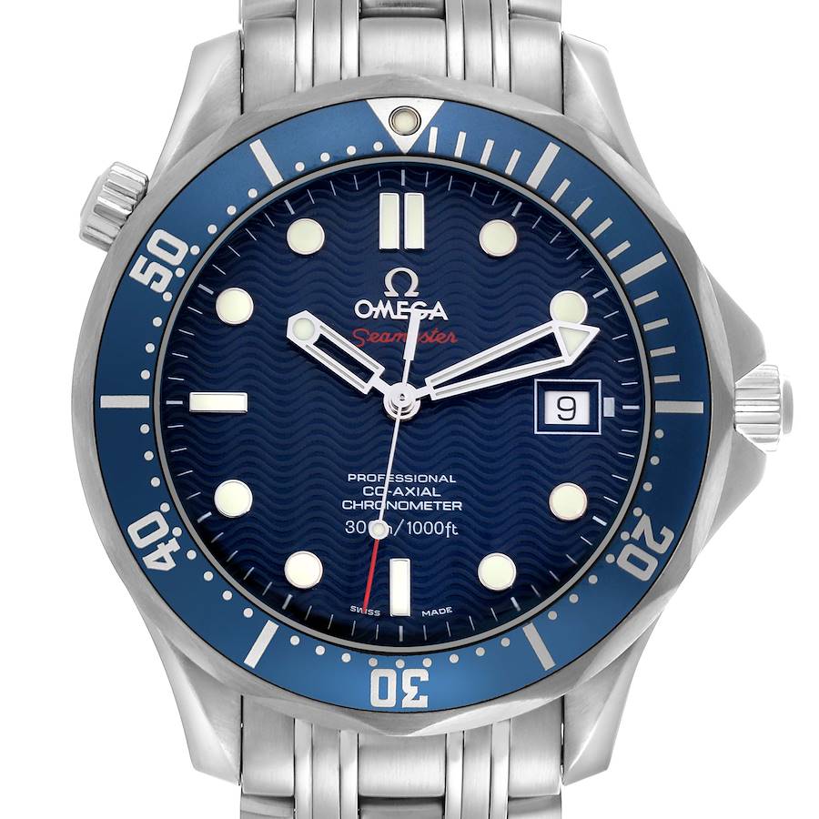 The Omega Seamaster watch is shown front-facing, displaying the dial, bezel, and part of the stainless steel bracelet.