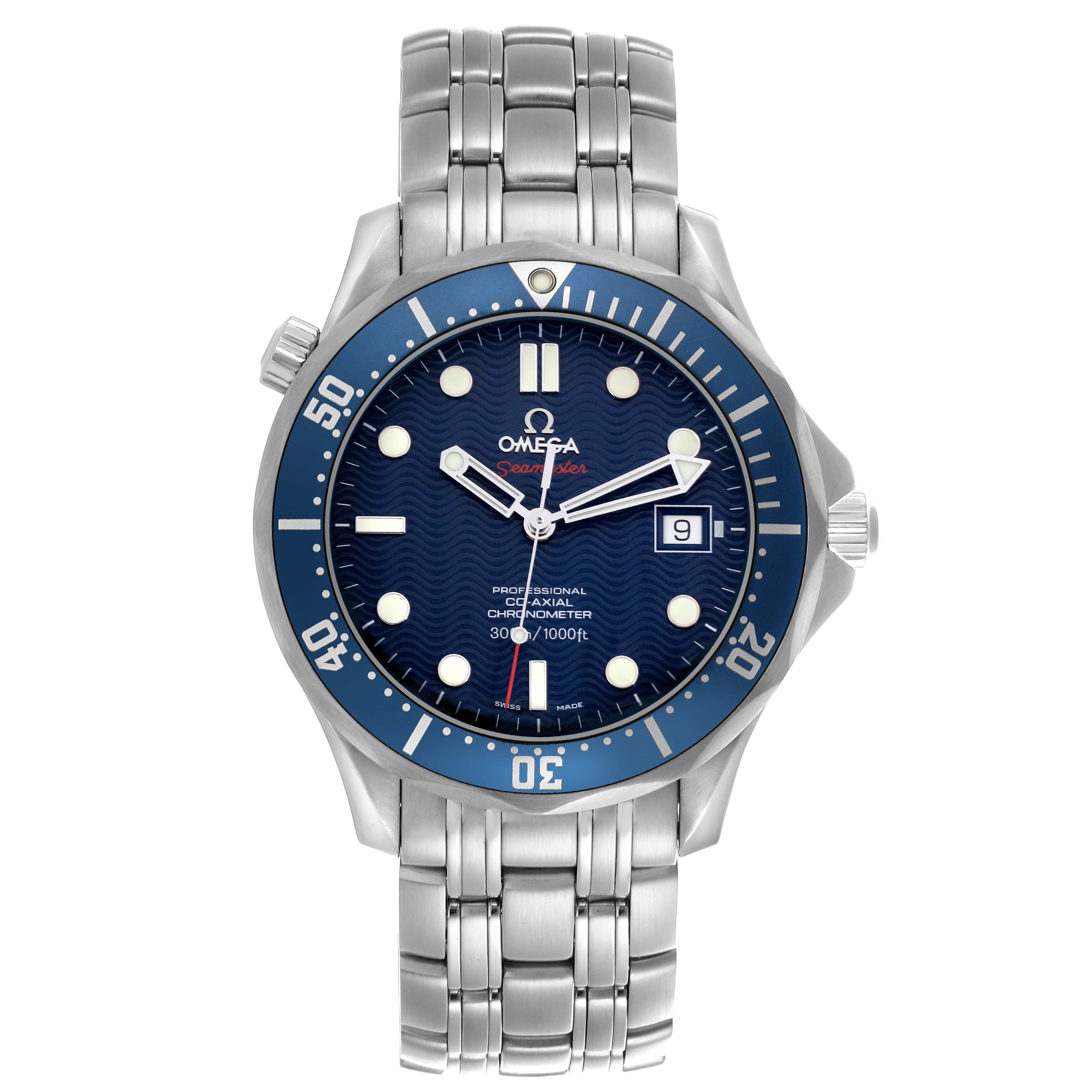 The Omega Seamaster 2220.80.00 Men's Stainless Steel Blue Dial 2220.80.00 Men's Stainless Steel Blue Dial watch is shown from the front, displaying its face, dial, and bracelet clearly.