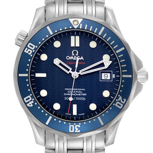 The Omega Seamaster watch is shown from the front, highlighting its bezel, dial, and bracelet.