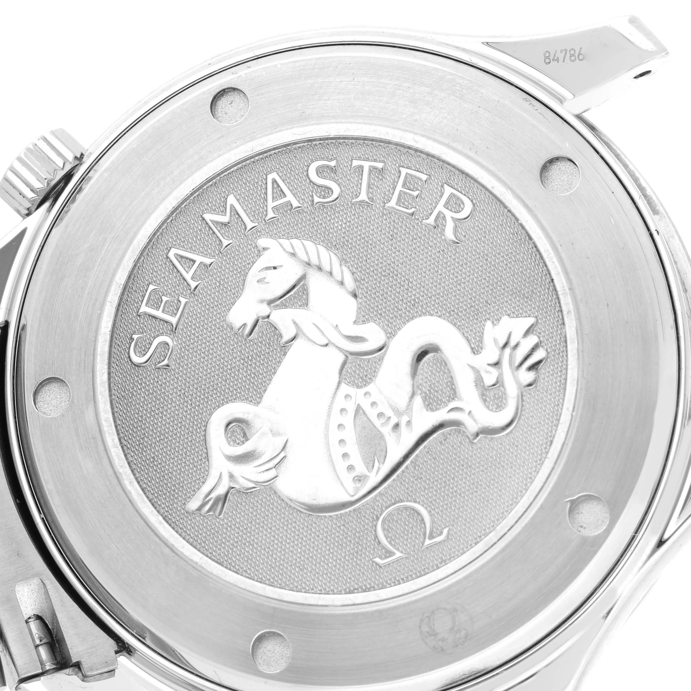 The image shows the case back of an Omega Seamaster 2220.80.00 Men's Stainless Steel Blue Dial 2220.80.00 Men's Stainless Steel Blue Dial watch, featuring the engraved seahorse emblem.