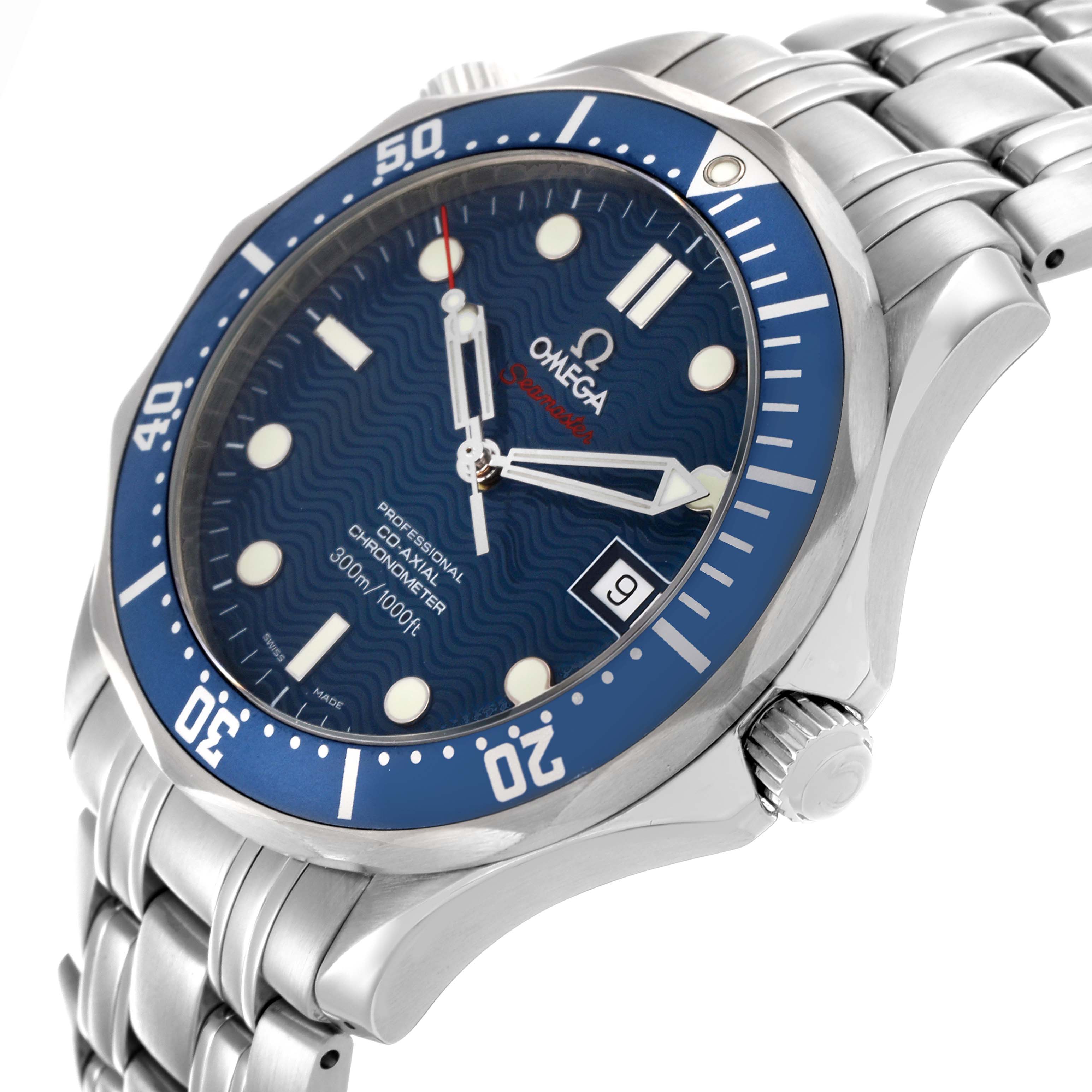 The Omega Seamaster 2220.80.00 Men's Stainless Steel Blue Dial 2220.80.00 Men's Stainless Steel Blue Dial watch is shown at a slight angle, highlighting the blue dial, bezel, and stainless steel bracelet.