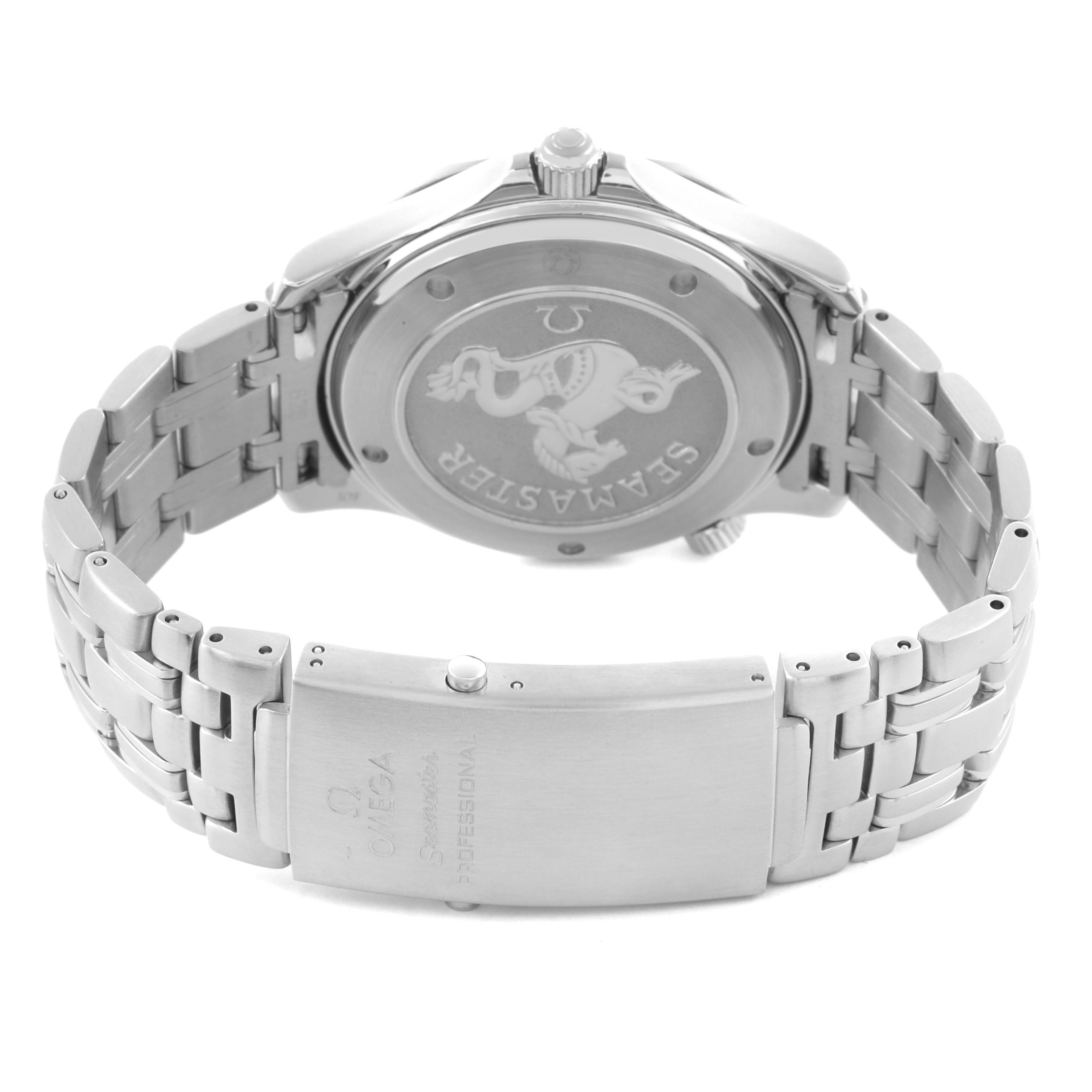 The Omega Seamaster 2220.80.00 Men's Stainless Steel Blue Dial 2220.80.00 Men's Stainless Steel Blue Dial watch is shown from the back, highlighting the case back and metal bracelet clasp.