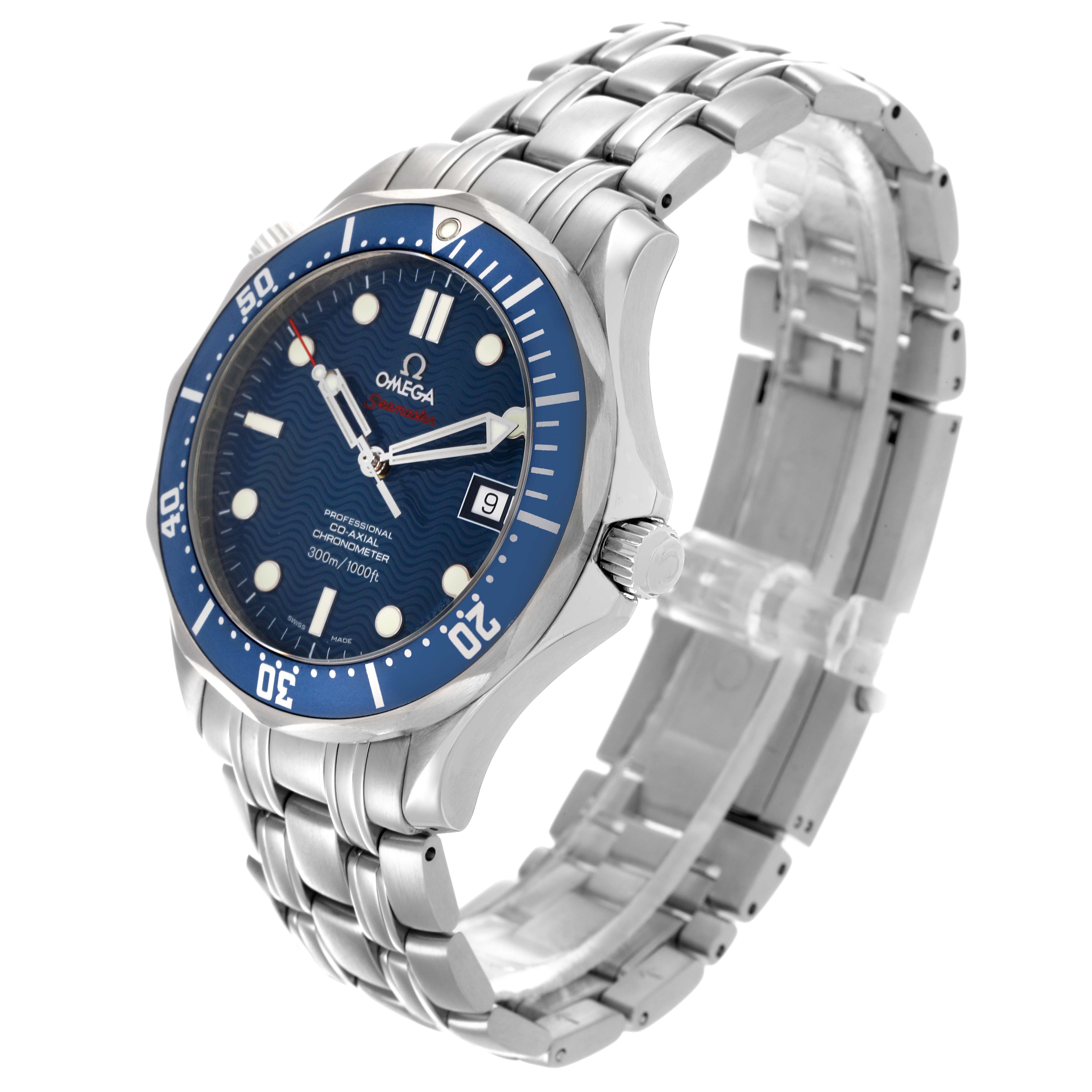 The Omega Seamaster 2220.80.00 Men's Stainless Steel Blue Dial 2220.80.00 Men's Stainless Steel Blue Dial watch is shown at a three-quarter angle, displaying the dial, bezel, crown, and metal bracelet.