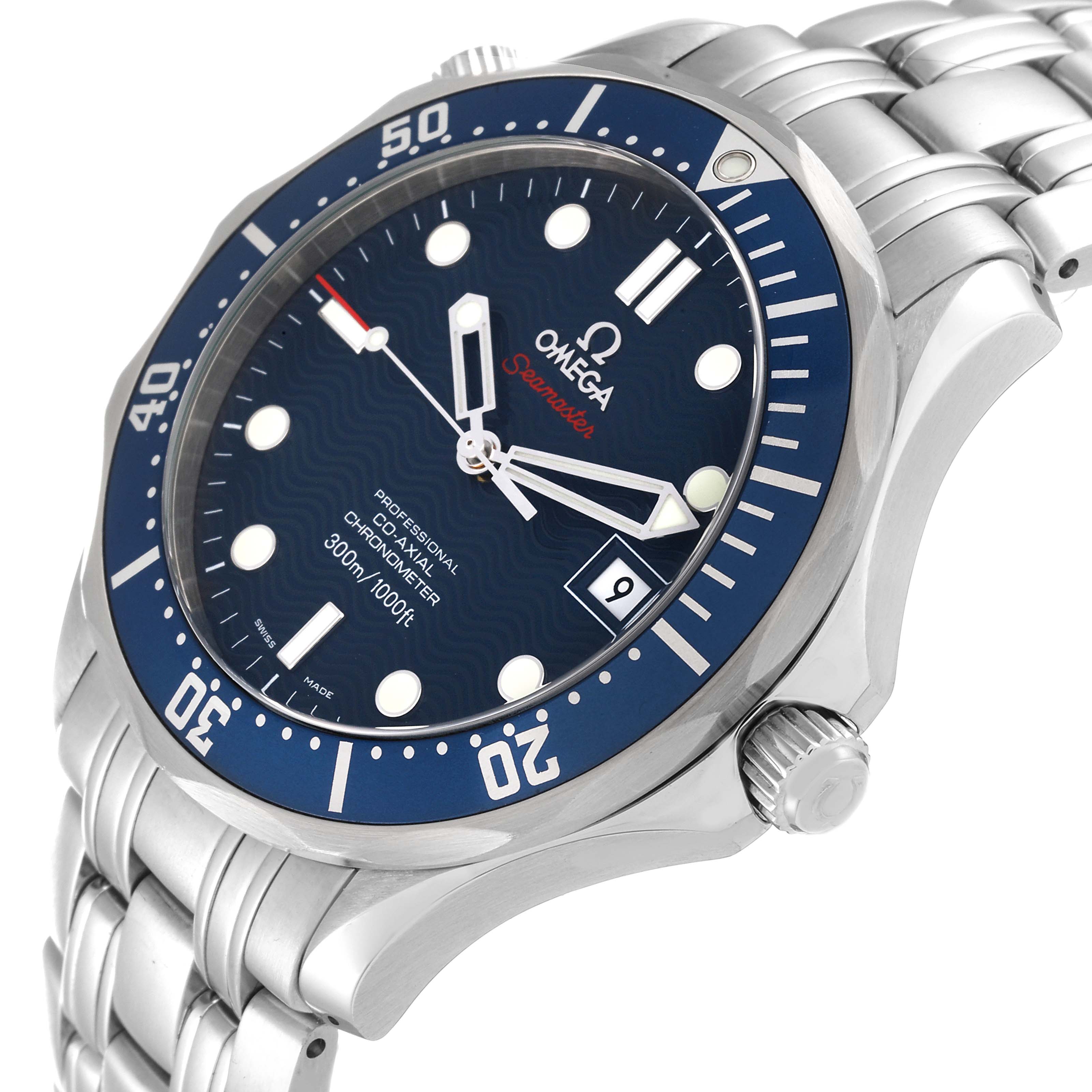 The image shows a close-up, three-quarter view of an Omega Seamaster 2220.80.00 Men
s Stainless Steel Blue Dial 2220.80.00 Men
s Stainless Steel Blue Dial watch, highlighting the bezel, crown, dial, and bracelet.