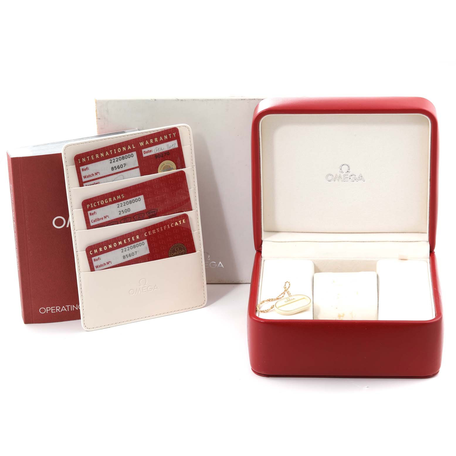 The image shows a red Omega watch box, international warranty cards, and an instruction manual for the Omega Seamaster 2220.80.00 Men
s Stainless Steel Blue Dial 2220.80.00 Men
s Stainless Steel Blue Dial model.