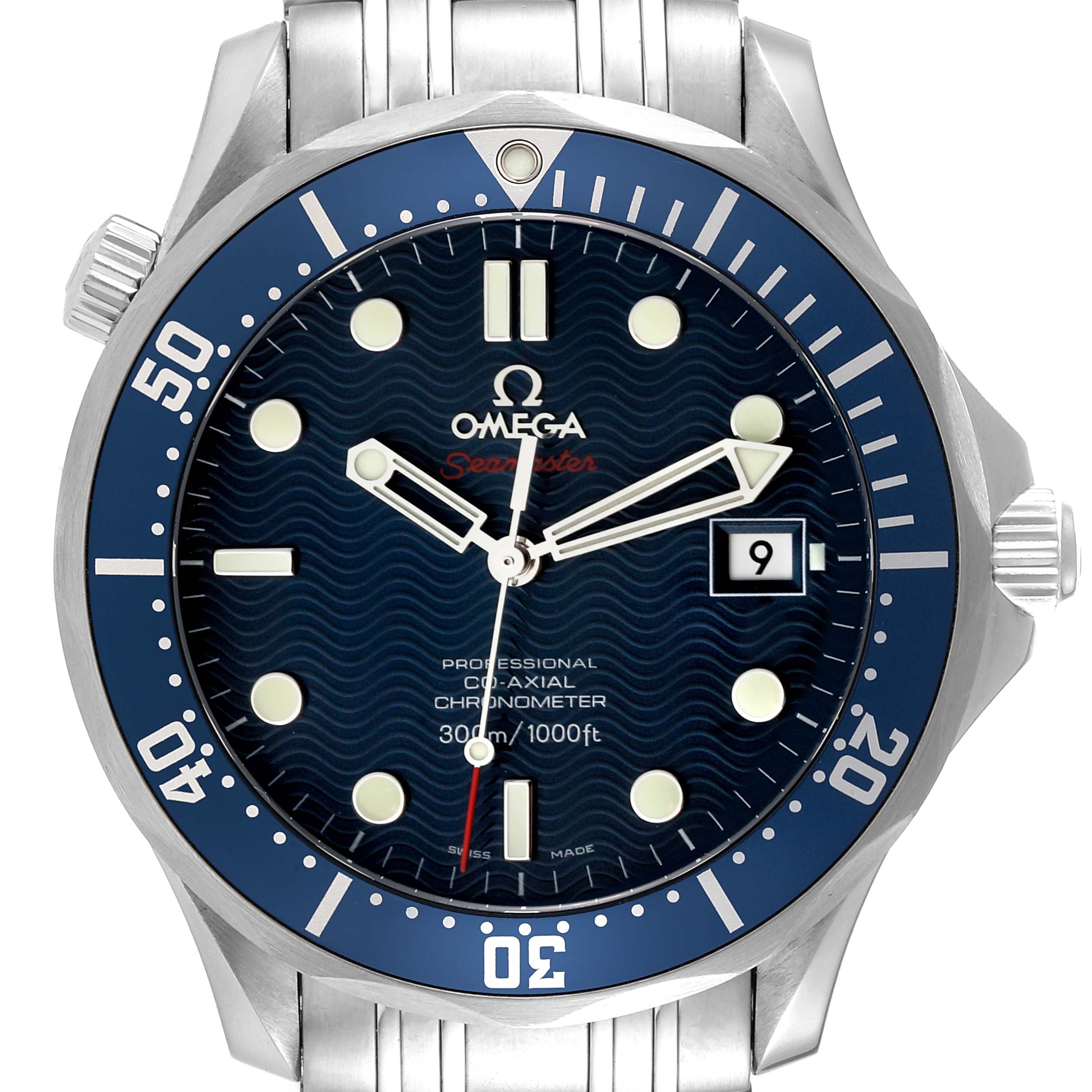 This is a front view of the Omega Seamaster 2220.80.00 Men
s Stainless Steel Blue Dial 2220.80.00 Men
s Stainless Steel Blue Dial watch, showing its blue dial, bezel, and date window.