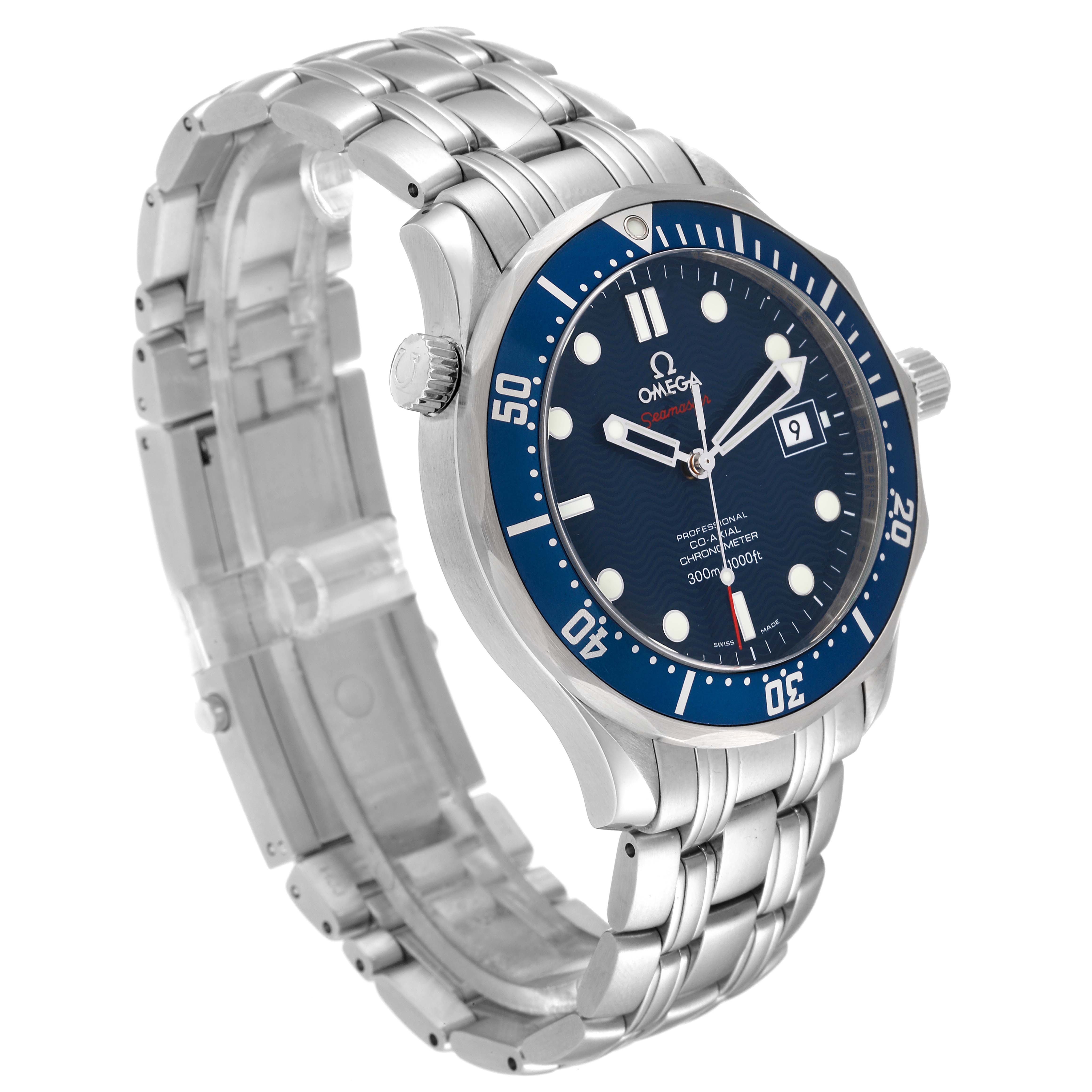 The Omega Seamaster 2220.80.00 Men
s Stainless Steel Blue Dial 2220.80.00 Men
s Stainless Steel Blue Dial watch is shown at a three-quarter angle, highlighting the face, bezel, crown, and part of the bracelet.