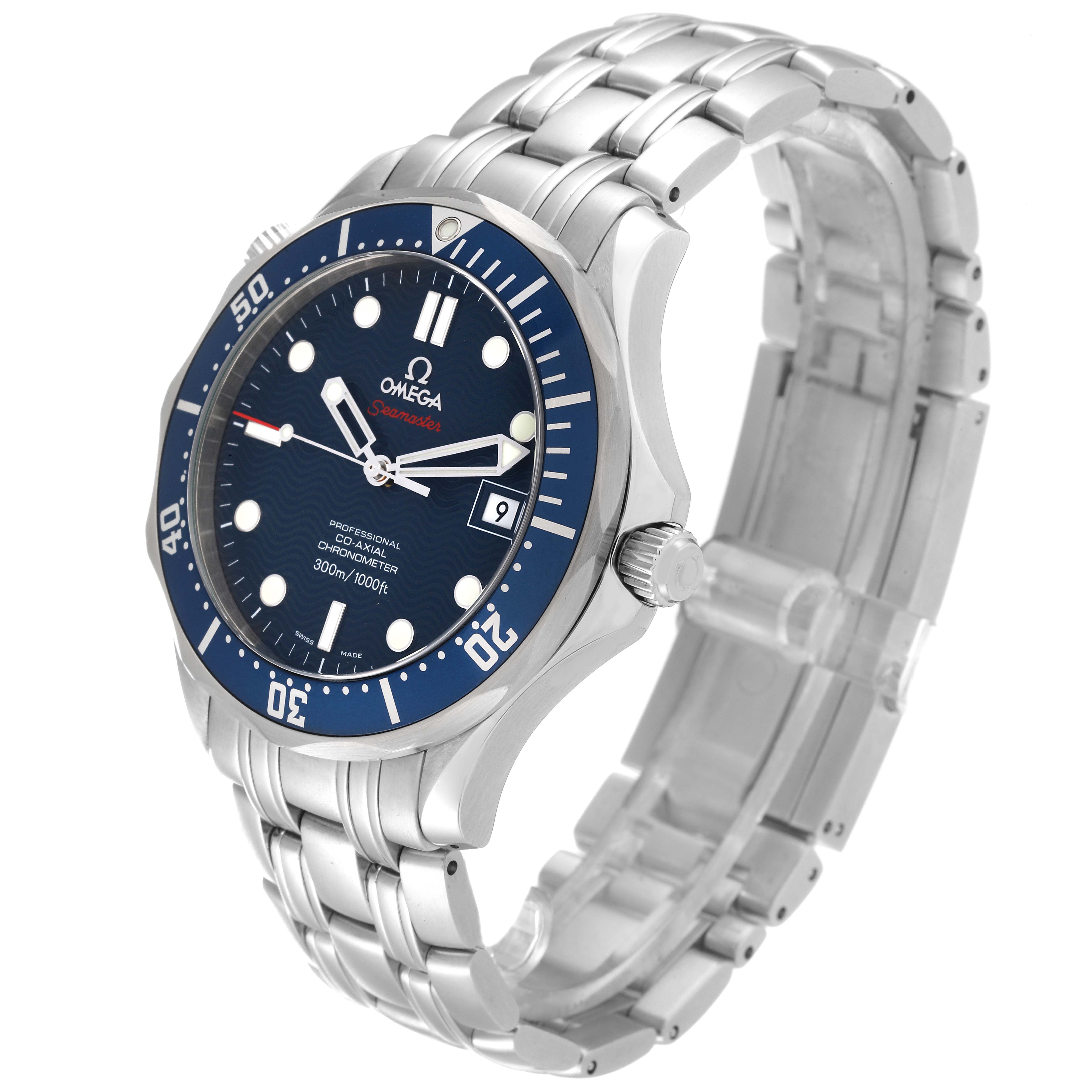 The Omega Seamaster 2220.80.00 Men
s Stainless Steel Blue Dial 2220.80.00 Men
s Stainless Steel Blue Dial watch is shown at a three-quarter angle, highlighting the face, bezel, crown, and metal bracelet.