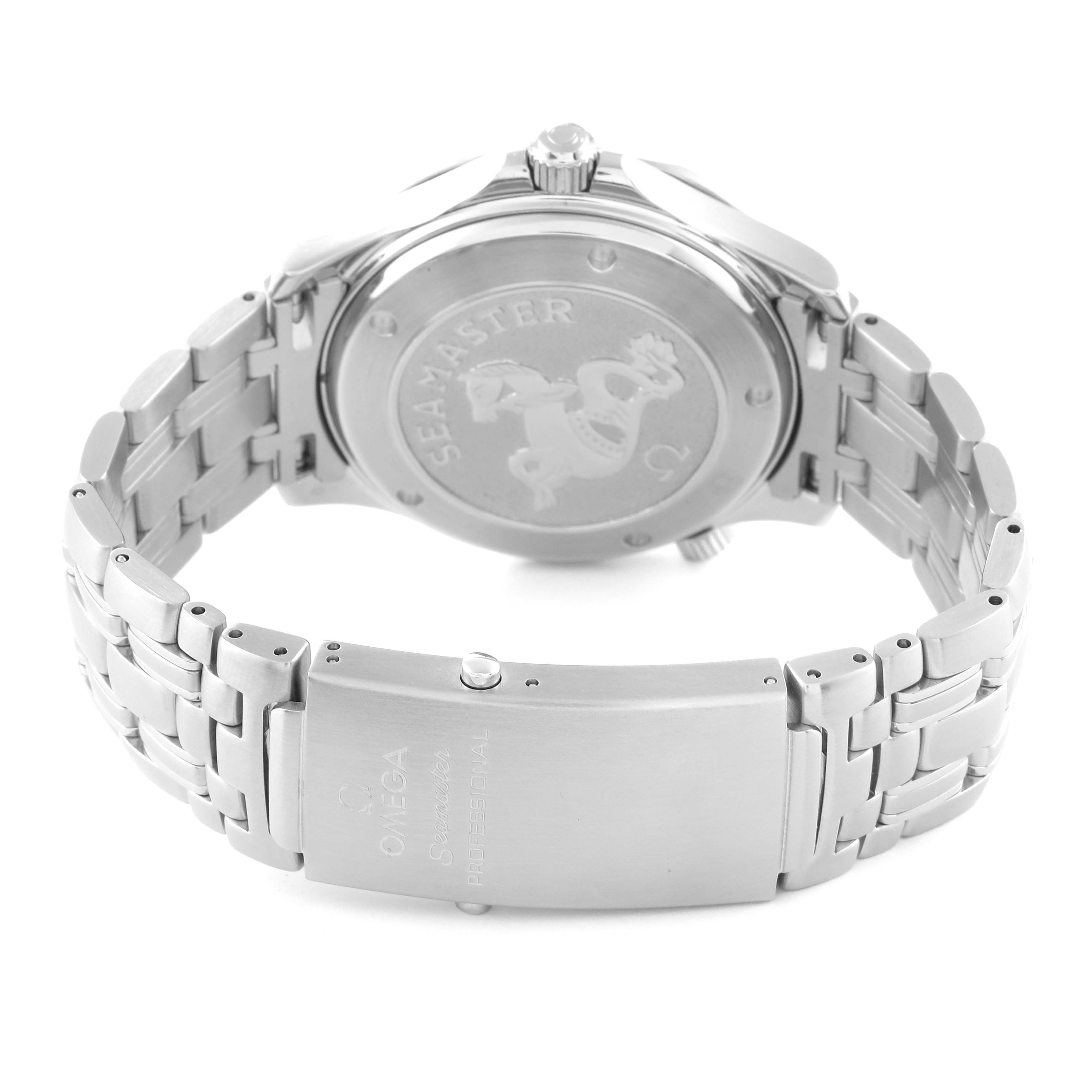 The image shows the back side and clasp of an Omega Seamaster 2220.80.00 Men
s Stainless Steel Blue Dial 2220.80.00 Men
s Stainless Steel Blue Dial watch, highlighting the case back and part of the metal bracelet.