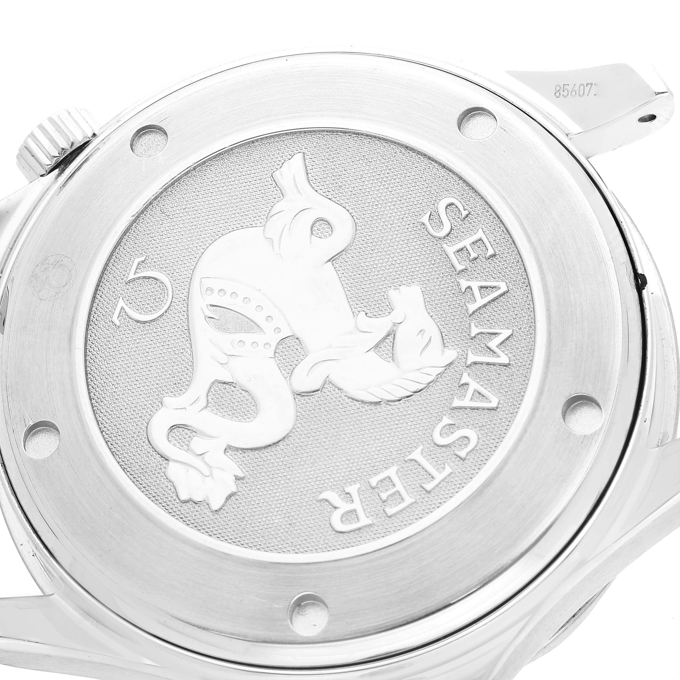 The image shows the back case of the Omega Seamaster 2220.80.00 Men
s Stainless Steel Blue Dial 2220.80.00 Men
s Stainless Steel Blue Dial watch, featuring the engraved logo and model name.