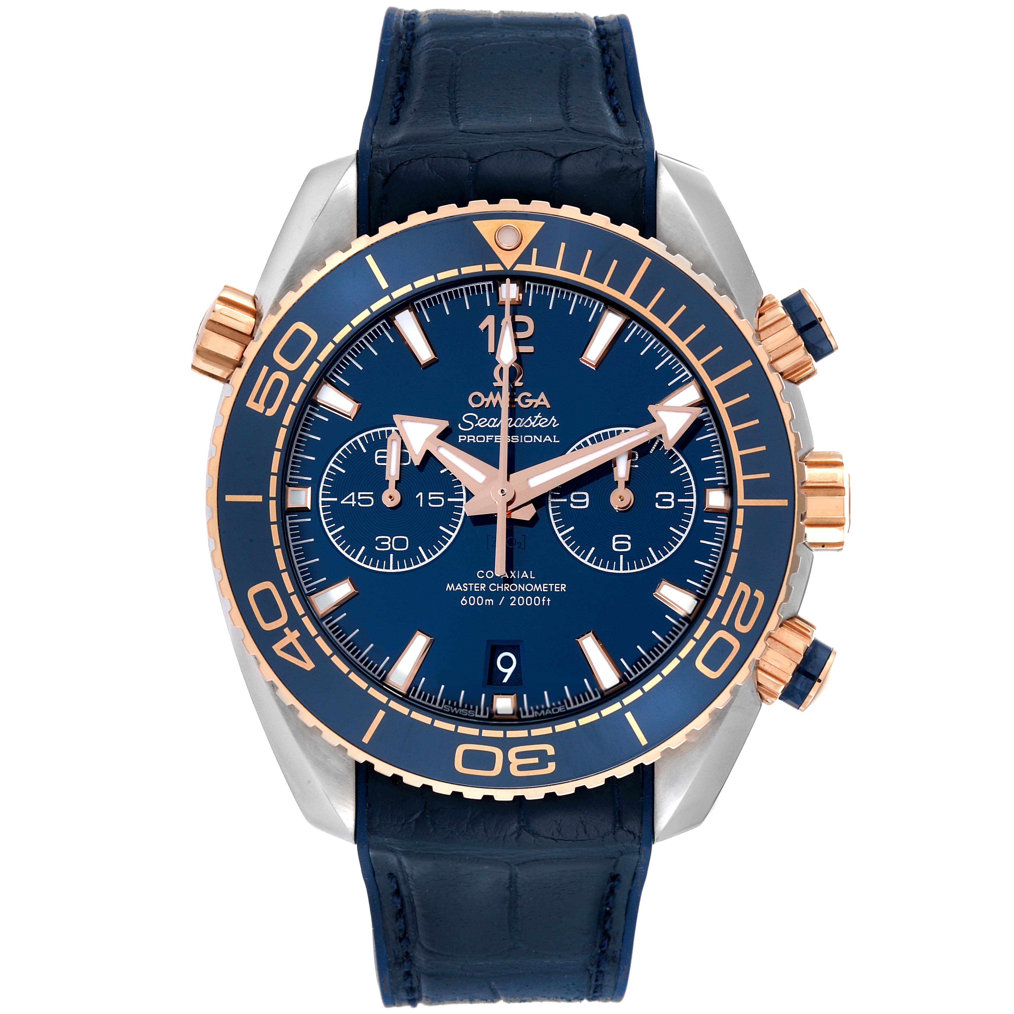 The image shows a front view of the Omega Planet Ocean 215.23.46.51.03.001 Men's Steel and Gold (two tone) Blue Dial 215.23.46.51.03.001 Men's Steel and Gold (two tone) Blue Dial watch, highlighting its dial, bezel, and leather strap.