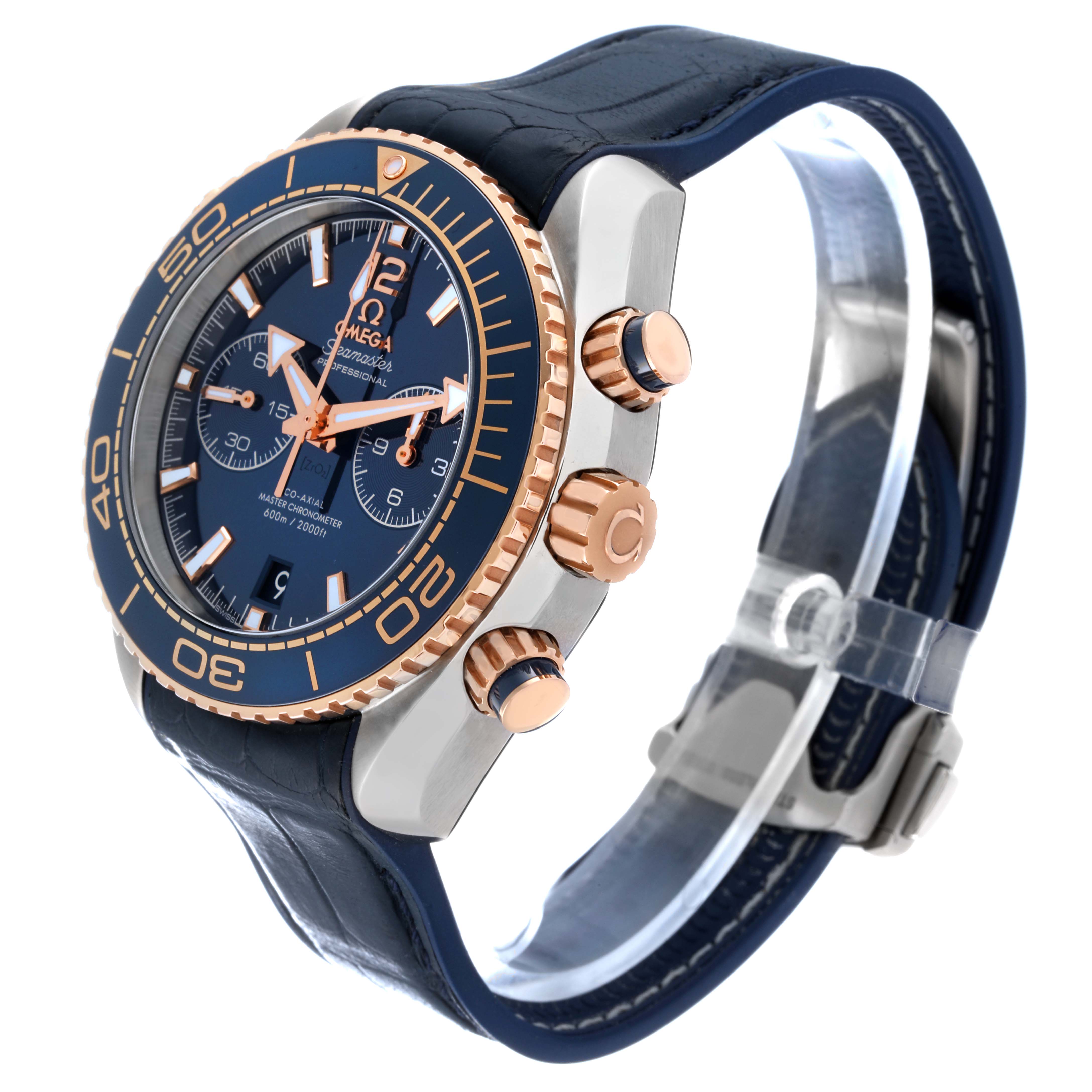 The Omega Planet Ocean 215.23.46.51.03.001 Men's Steel and Gold (two tone) Blue Dial 215.23.46.51.03.001 Men's Steel and Gold (two tone) Blue Dial watch is shown at a three-quarter angle, highlighting its bezel, crown, chronograph pushers, and strap.