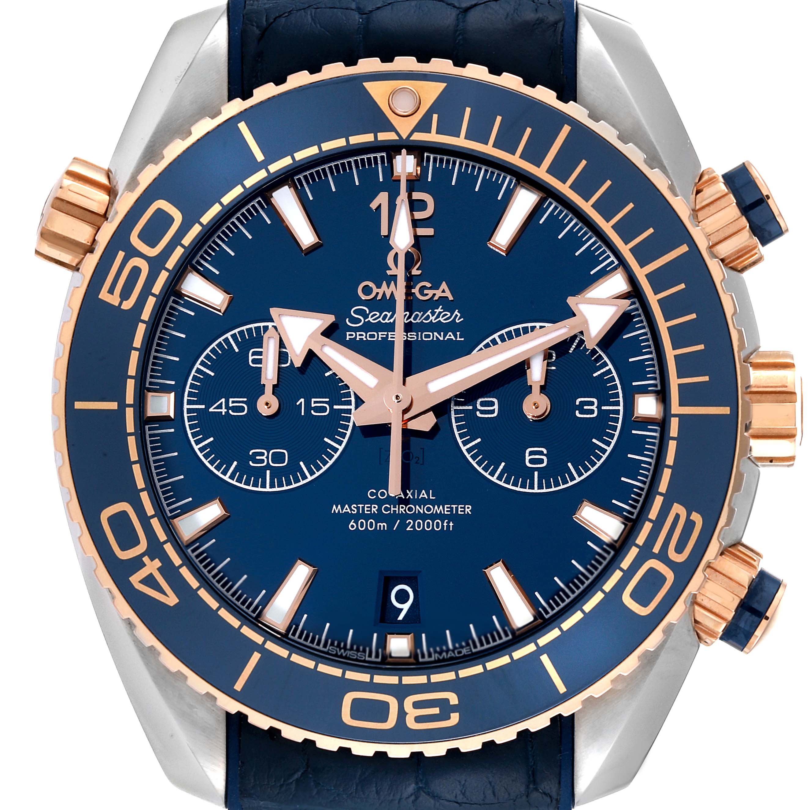 The Omega Planet Ocean 215.23.46.51.03.001 Men's Steel and Gold (two tone) Blue Dial 215.23.46.51.03.001 Men's Steel and Gold (two tone) Blue Dial watch is shown from a front angle, highlighting the dial, hands, bezel, and chronograph subdials.