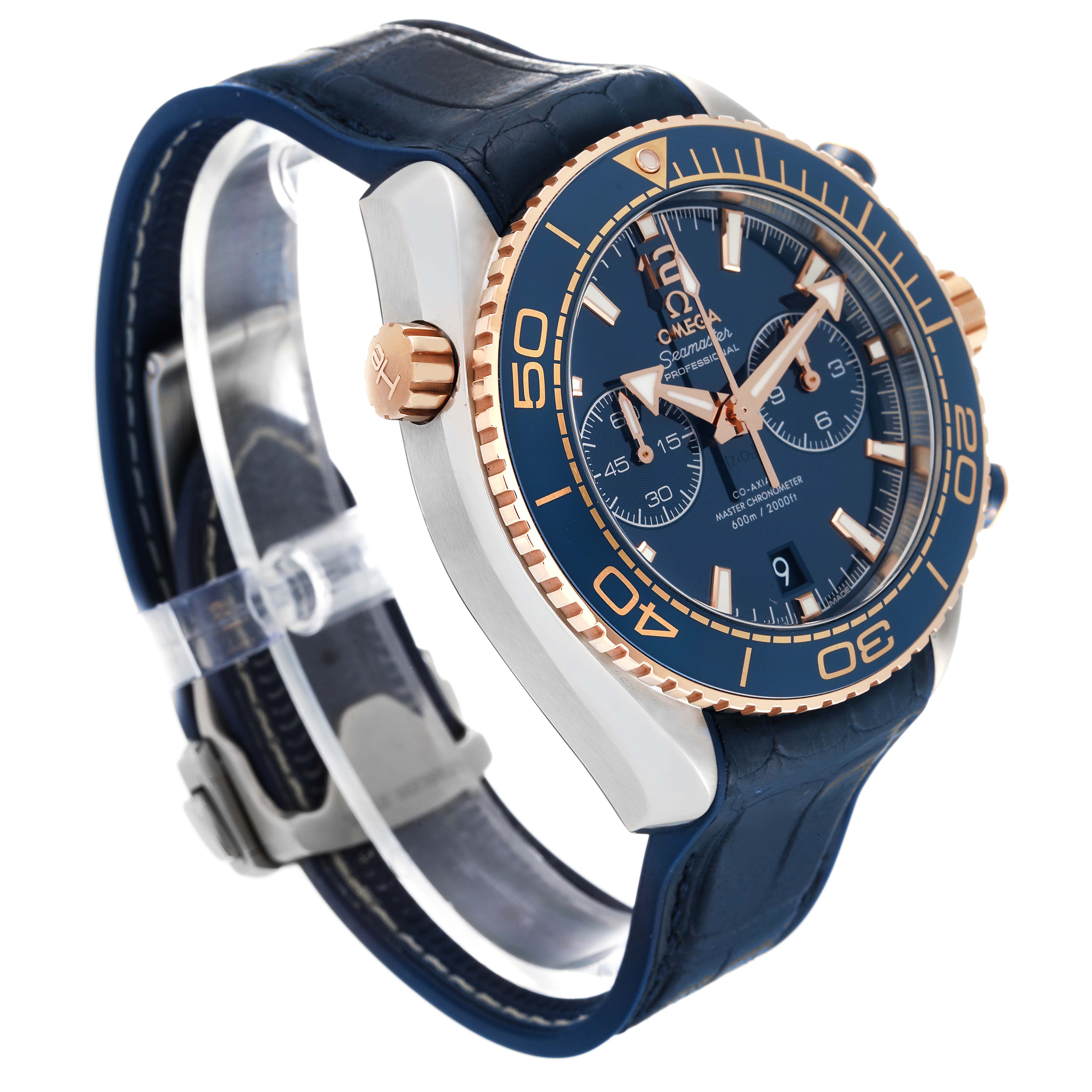 The Omega Planet Ocean 215.23.46.51.03.001 Men's Steel and Gold (two tone) Blue Dial 215.23.46.51.03.001 Men's Steel and Gold (two tone) Blue Dial watch is shown at a three-quarter angle, highlighting its blue dial, bezel, and strap with rose gold accents.