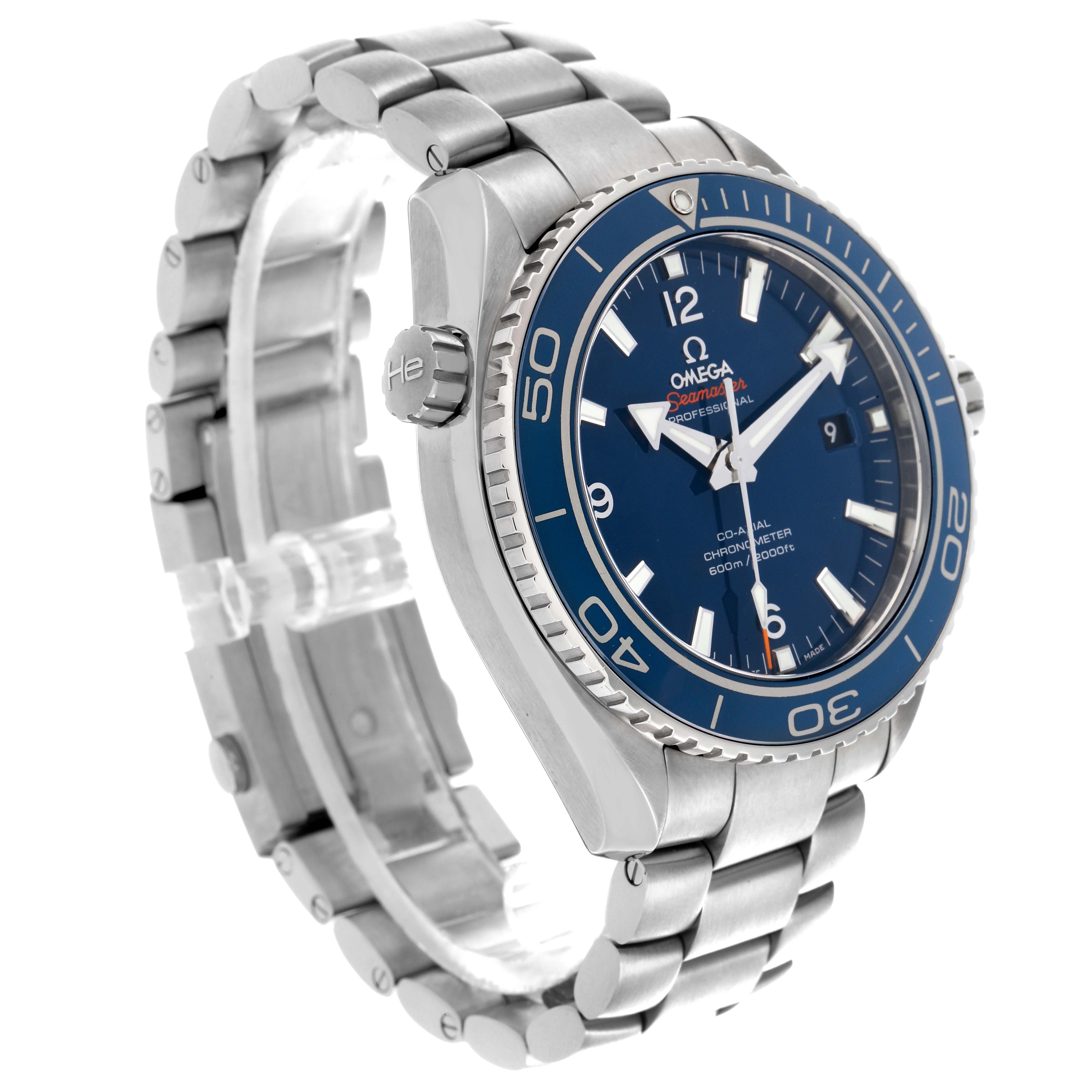 The Omega Planet Ocean 232.90.46.21.03.001 Men
s Titanium Blue Dial 232.90.46.21.03.001 Men
s Titanium Blue Dial watch is shown at an angled view, highlighting the face, bezel, case, and bracelet.