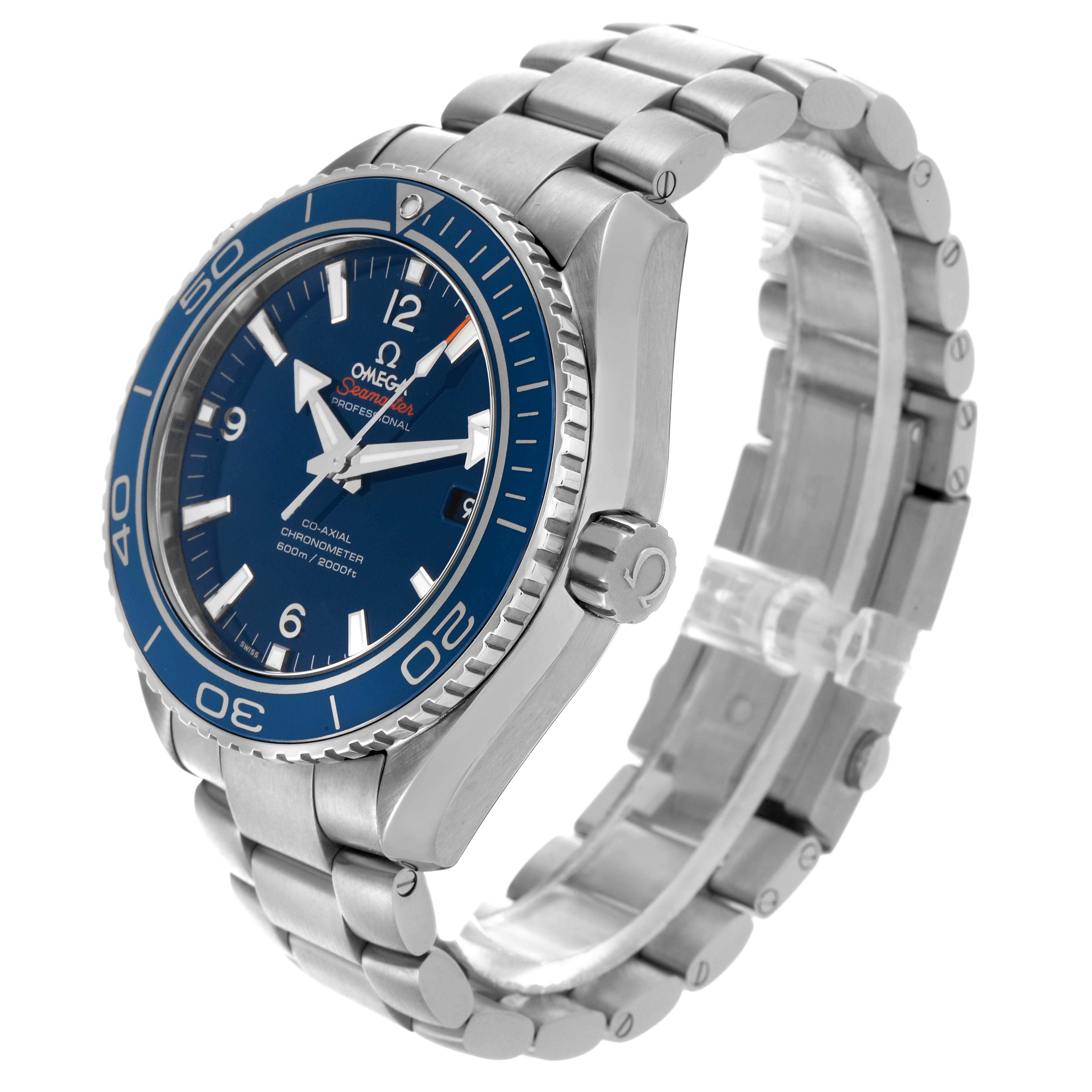 The Omega Planet Ocean 232.90.46.21.03.001 Men
s Titanium Blue Dial 232.90.46.21.03.001 Men
s Titanium Blue Dial watch is shown at a side angle, highlighting the face, bezel, crown, and bracelet.