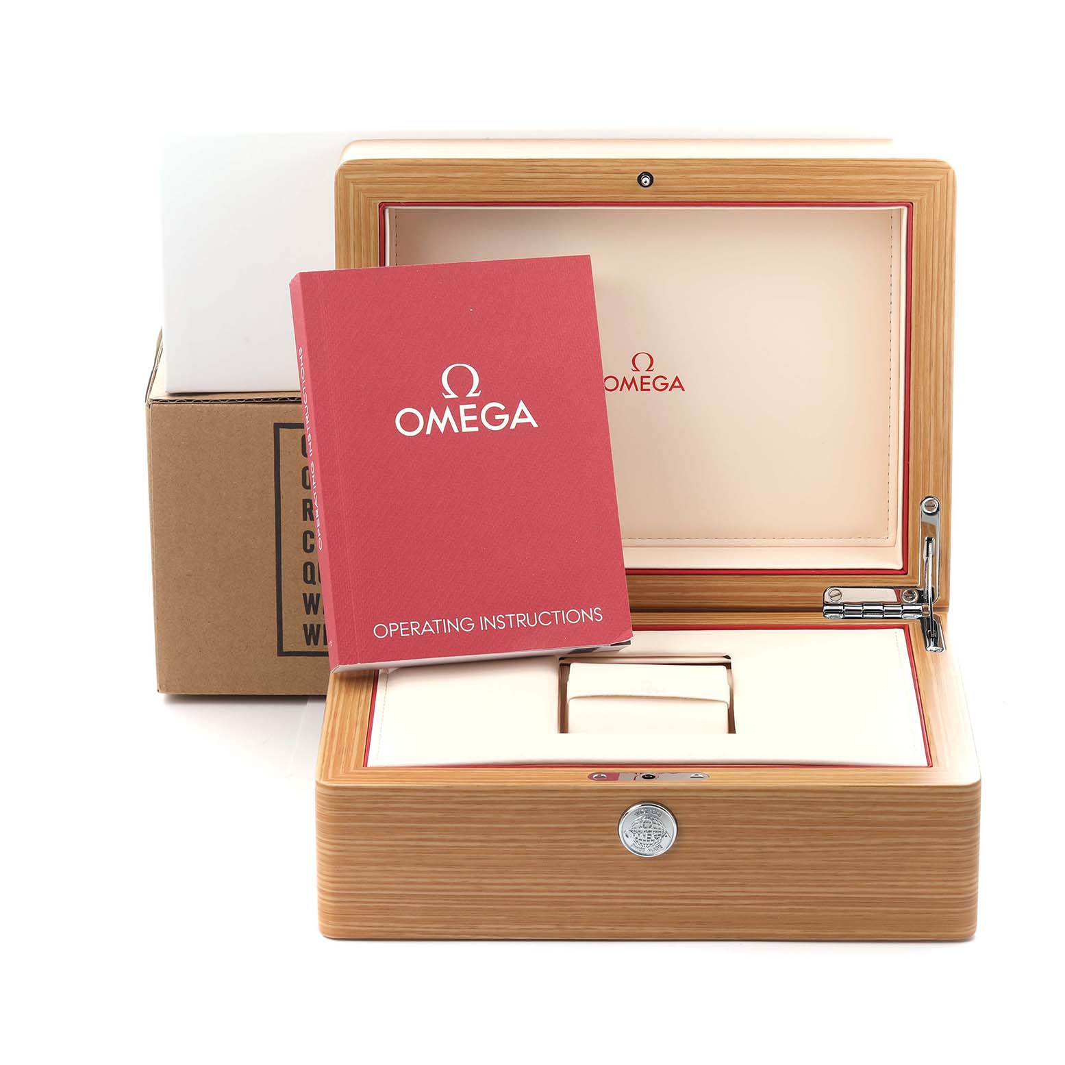 The image shows an Omega Planet Ocean 232.90.46.21.03.001 Men
s Titanium Blue Dial 232.90.46.21.03.001 Men
s Titanium Blue Dial watch box, instruction manual, and outer packaging from the front angle.