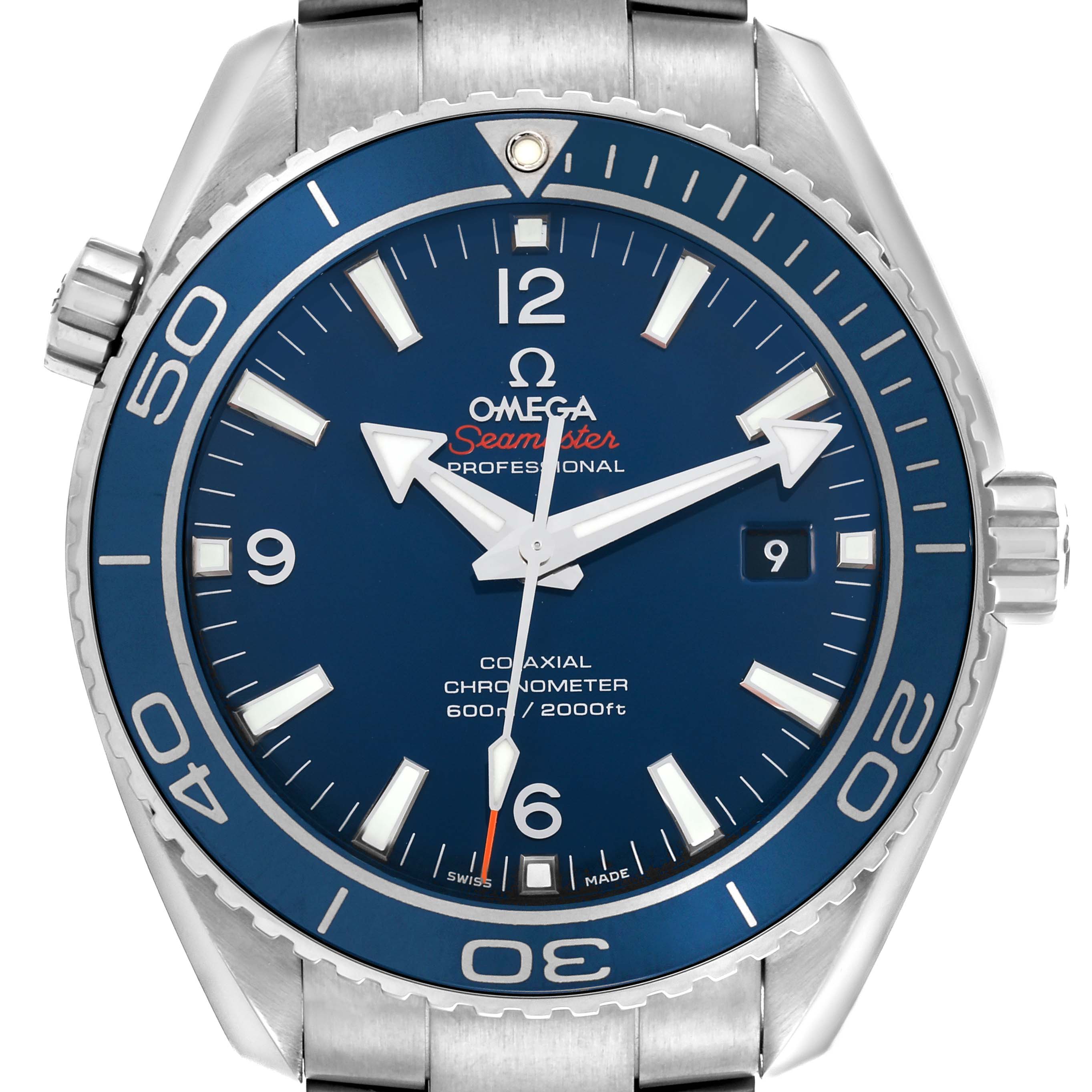 The Omega Planet Ocean 232.90.46.21.03.001 Men
s Titanium Blue Dial 232.90.46.21.03.001 Men
s Titanium Blue Dial watch is shown from the front, displaying the dial, bezel, and bracelet top.